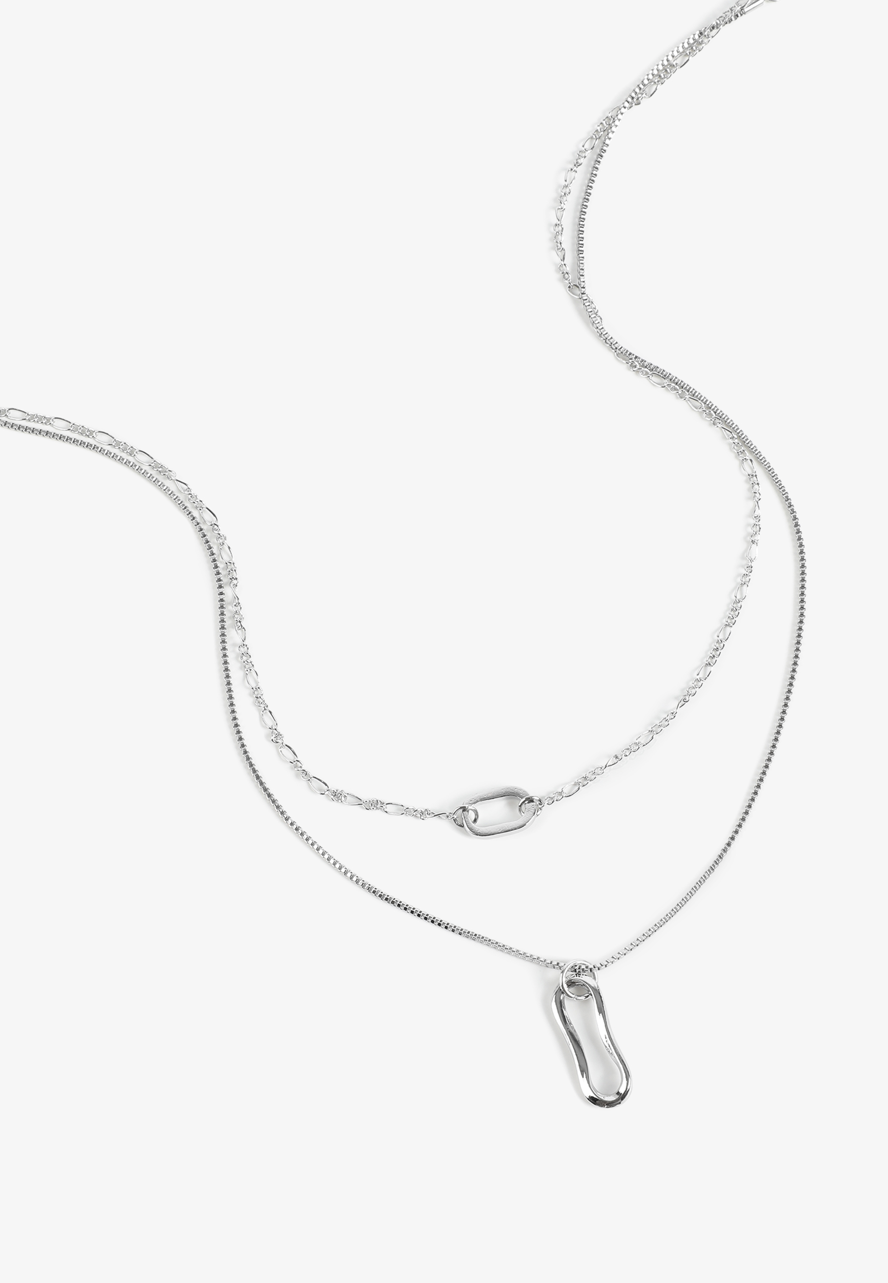 Silver Wavy Ovals Layered Pendant Necklace Set