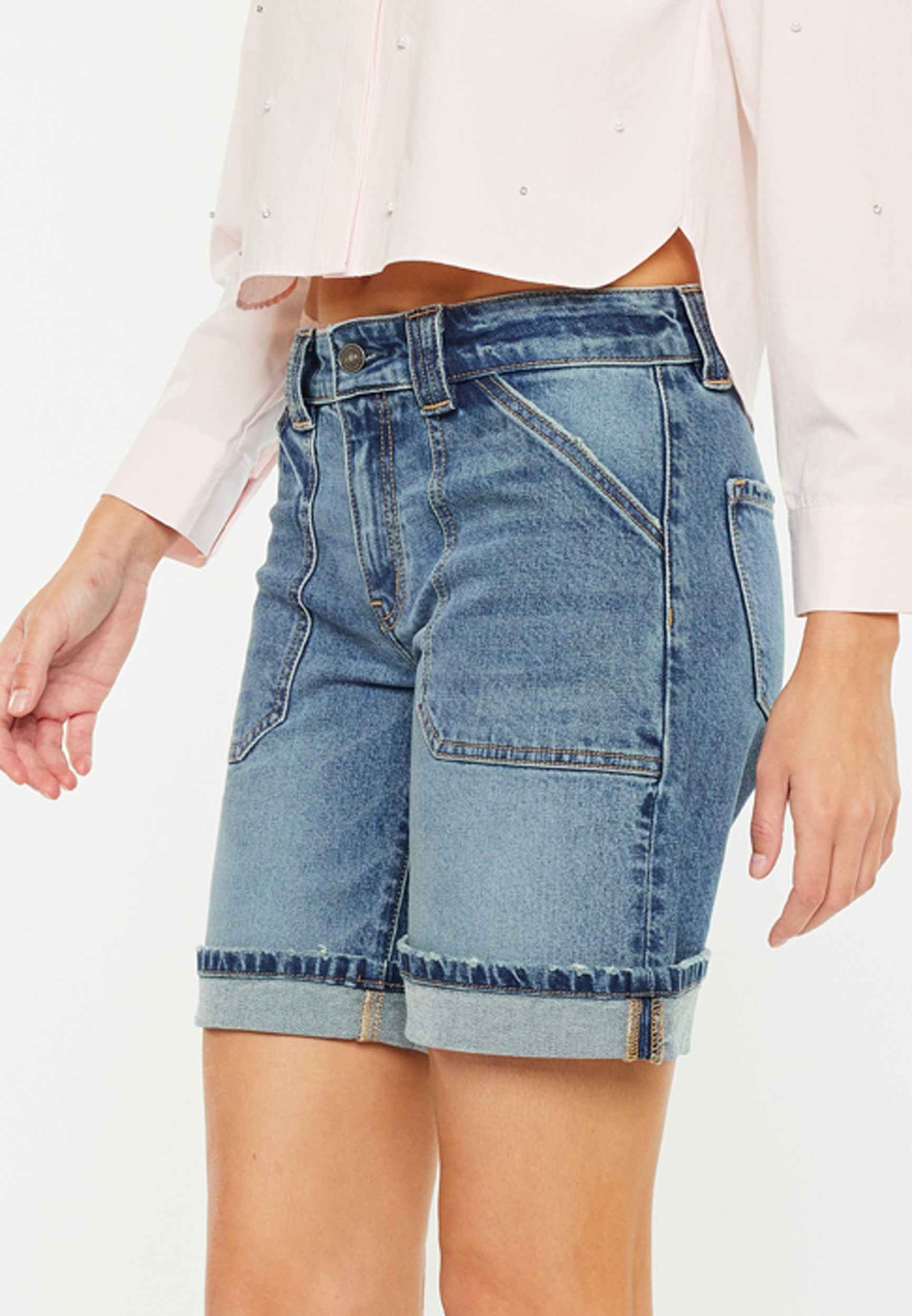 KanCan&trade; Mid Rise Patch Pocket Cuffed Hem 8in Bermuda Short, C258, large