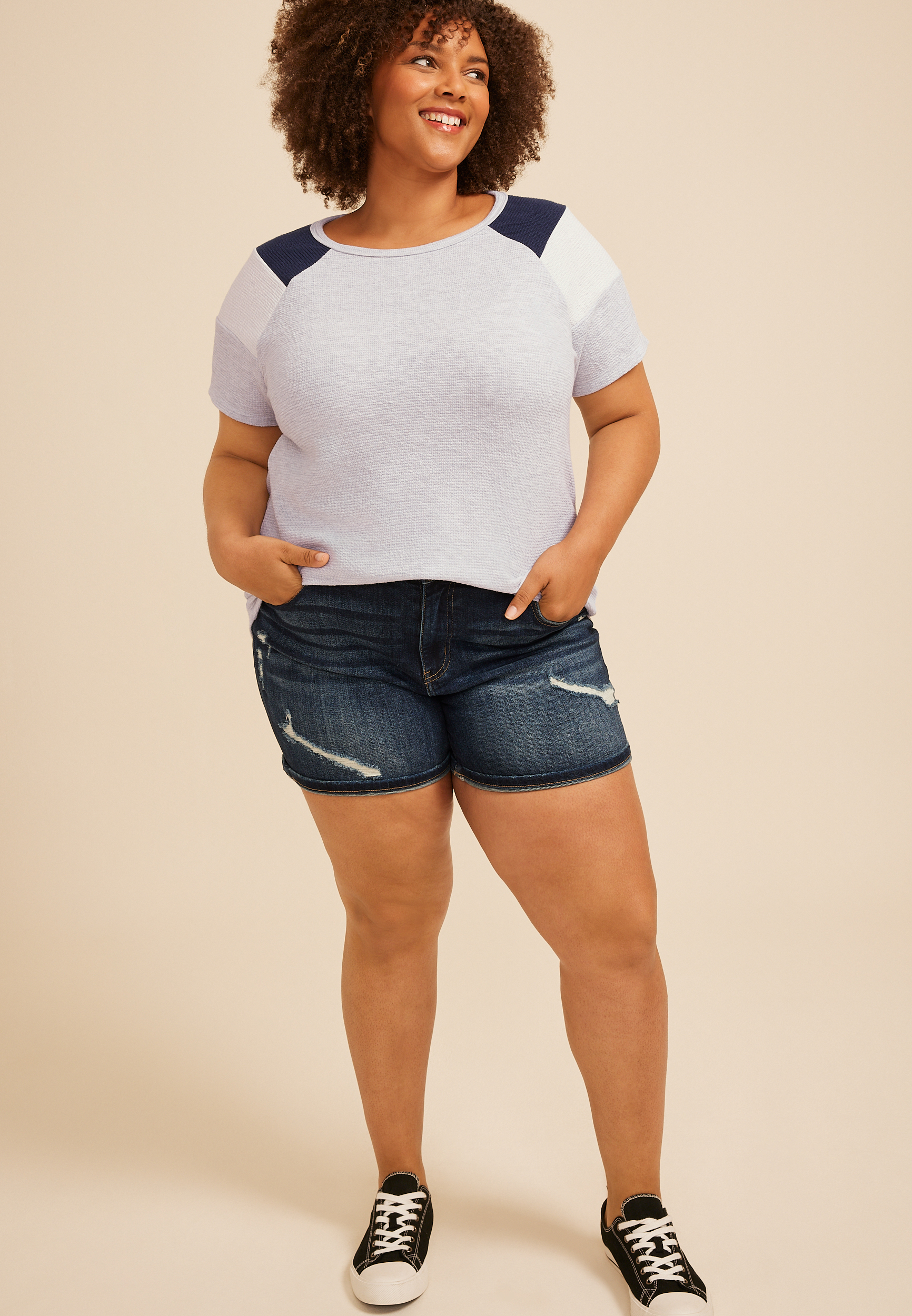 Plus Size Seersucker Colorblock Short Sleeve Tee