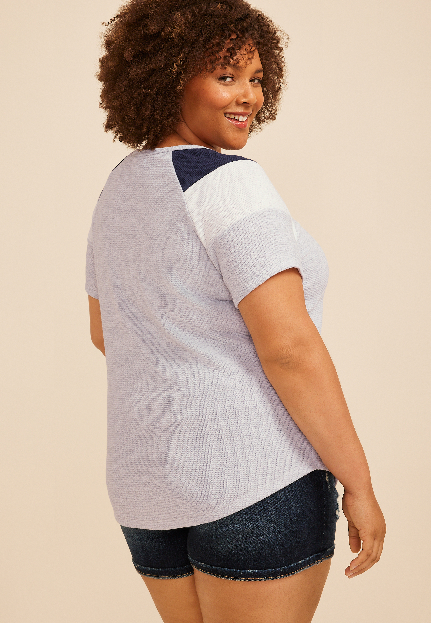 Plus Size Seersucker Colorblock Short Sleeve Tee, C2823, large