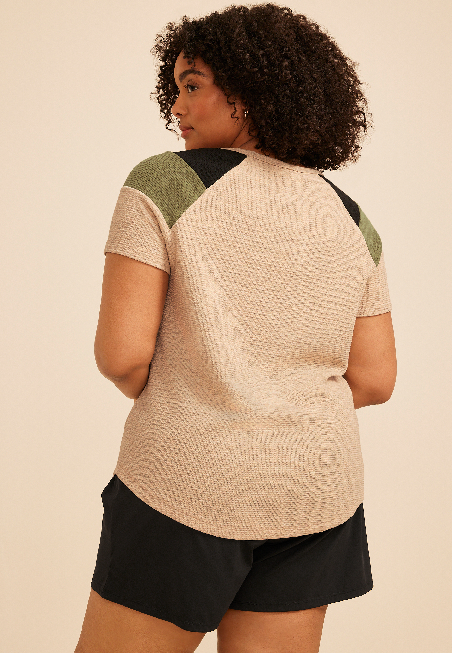 Plus Size Seersucker Colorblock Short Sleeve Tee, C3263, large