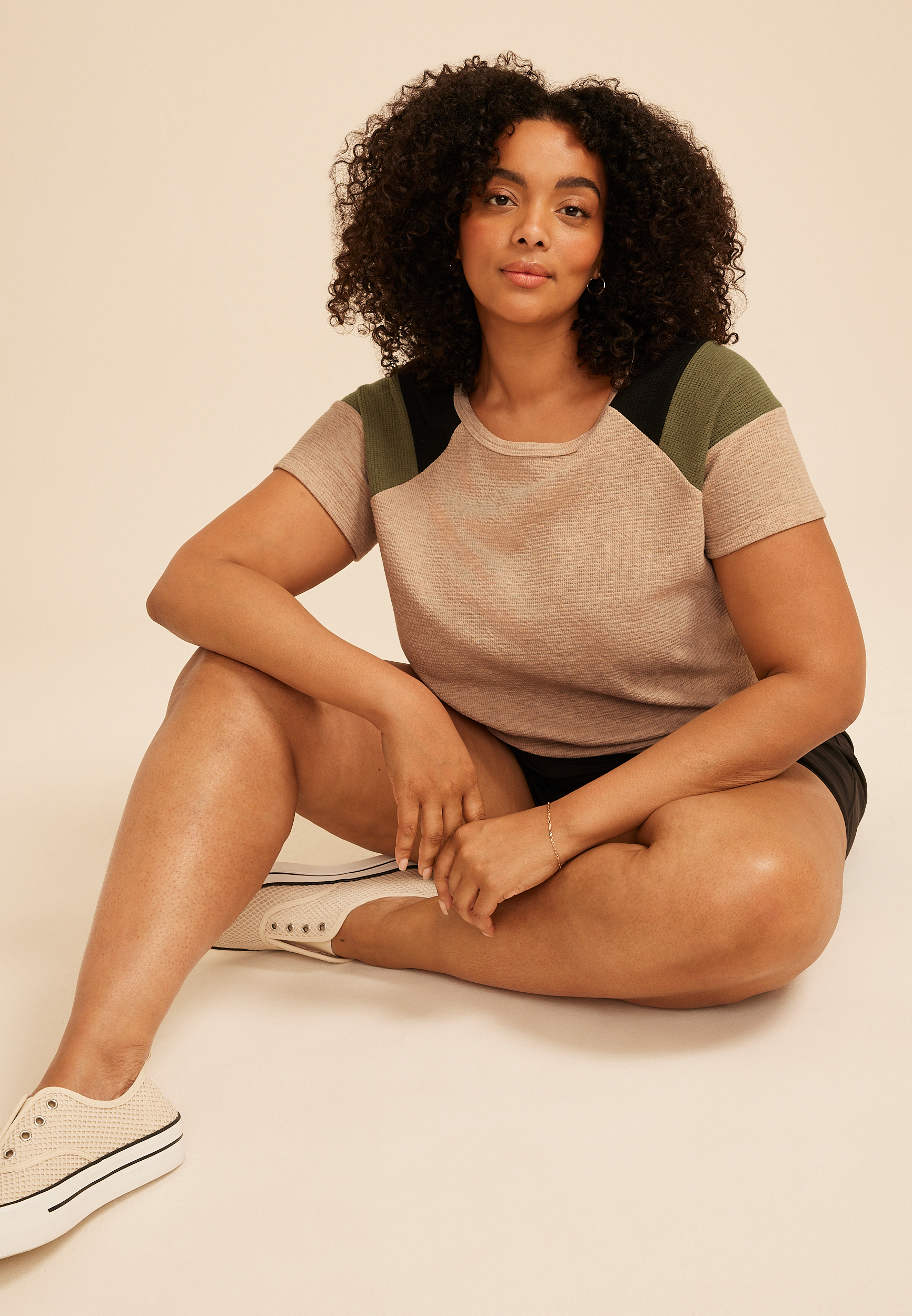 Plus Size Seersucker Colorblock Short Sleeve Tee, C3263, large