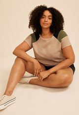 Plus Size Seersucker Colorblock Short Sleeve Tee, C3263, small