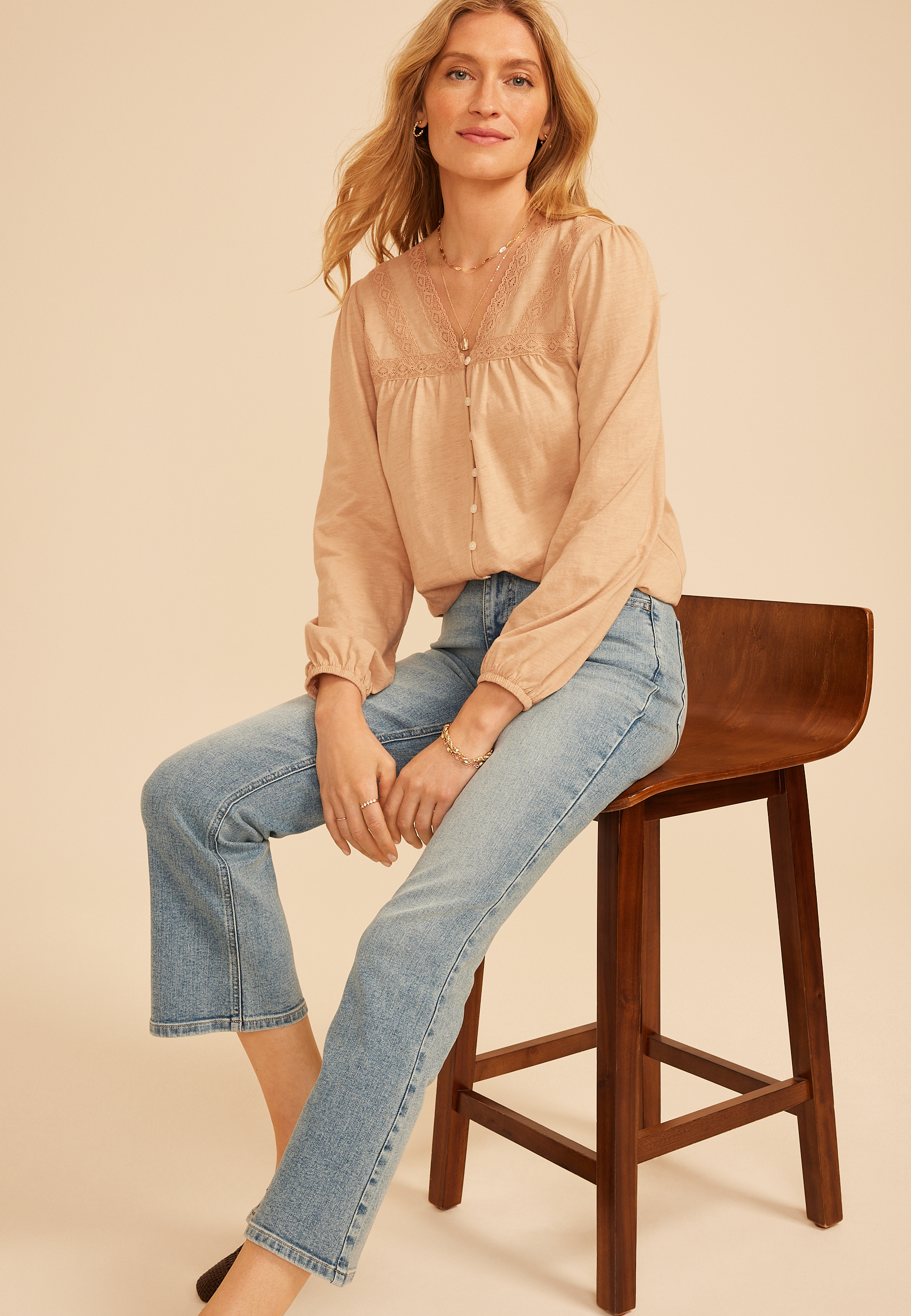 Lace Trim V Neck Cotton Blouse