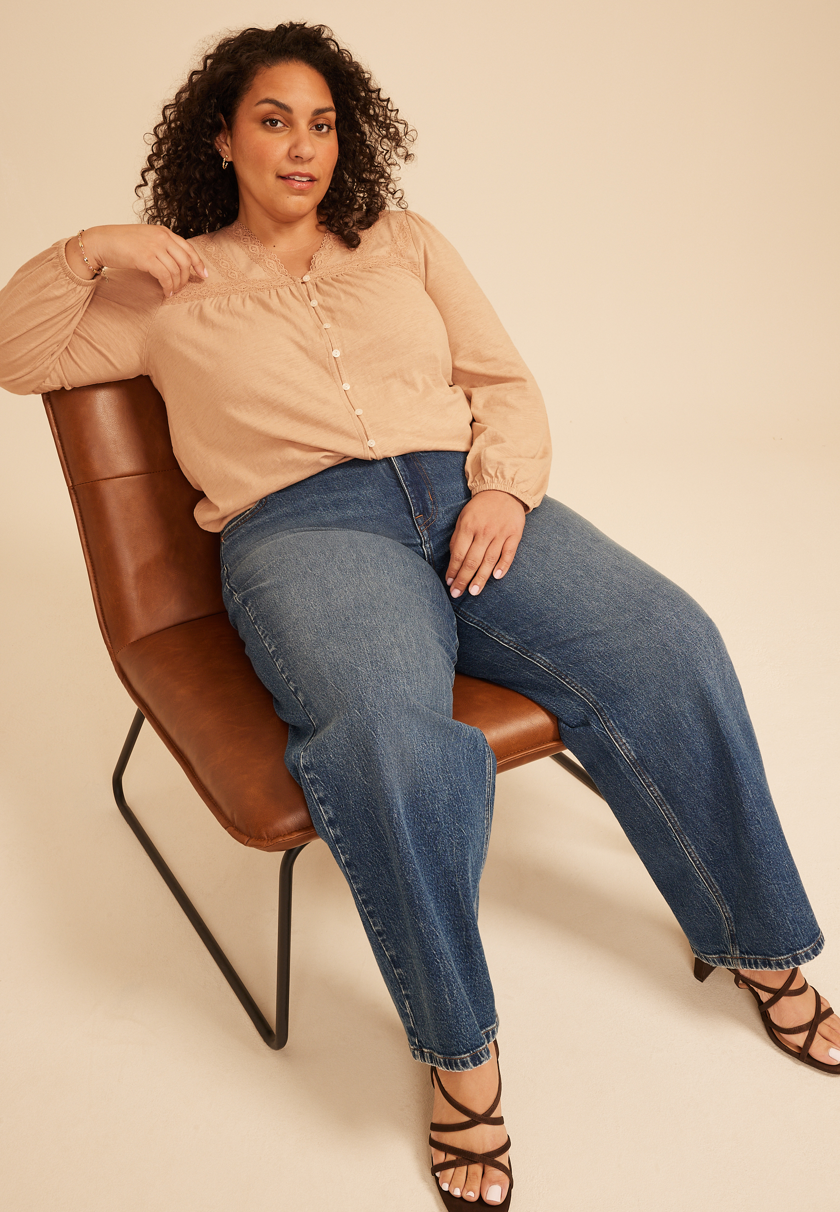 Plus Size Lace Trim V Neck Cotton Blouse
