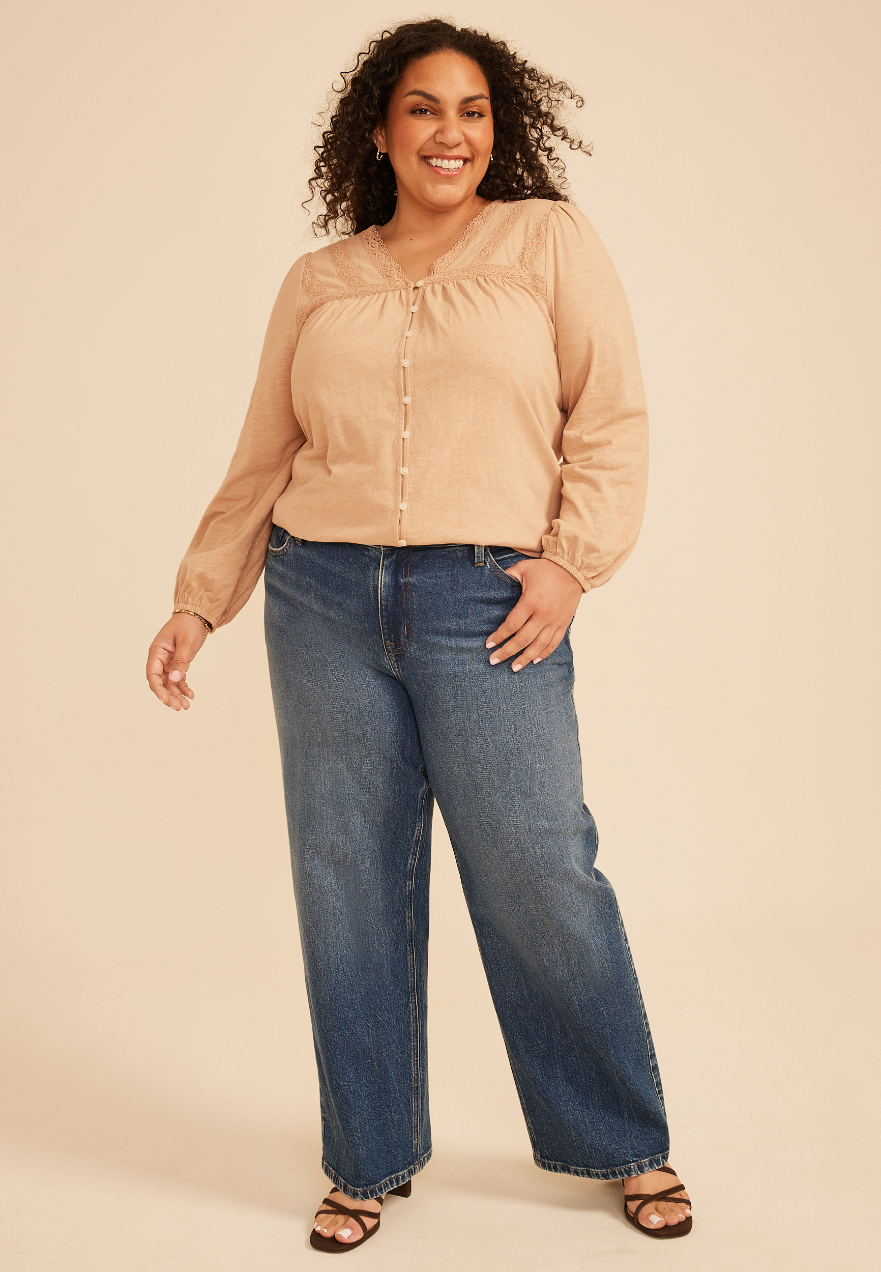 Plus Size Lace Trim V Neck Cotton Blouse, C5724, large