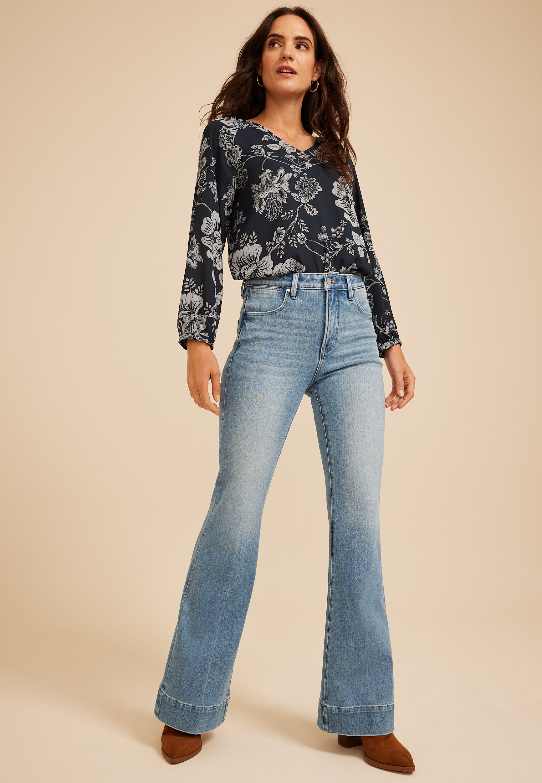 Risen&reg; High Rise Tummy Control Panel Wide Hem Flare, C3337, large