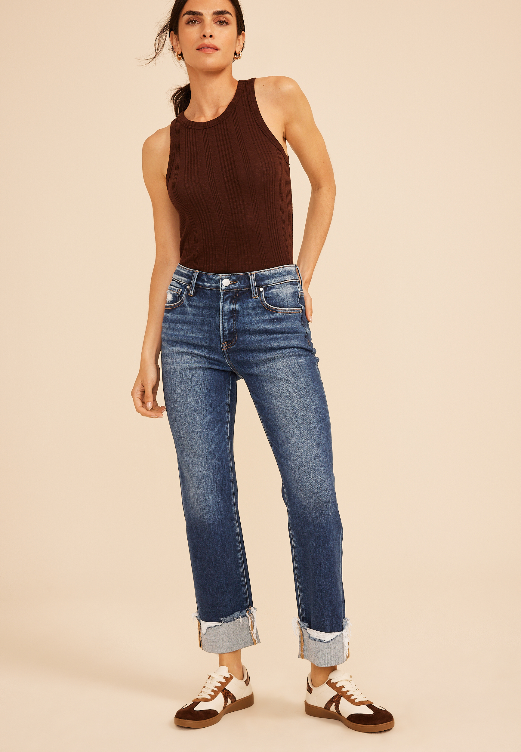 Risen&reg; High Rise Tummy Control Panel Ripped Cuff Ankle Straight Jean
