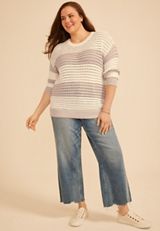 Plus Size Boucle Stripe Crew Neck Sweater, C1246, small