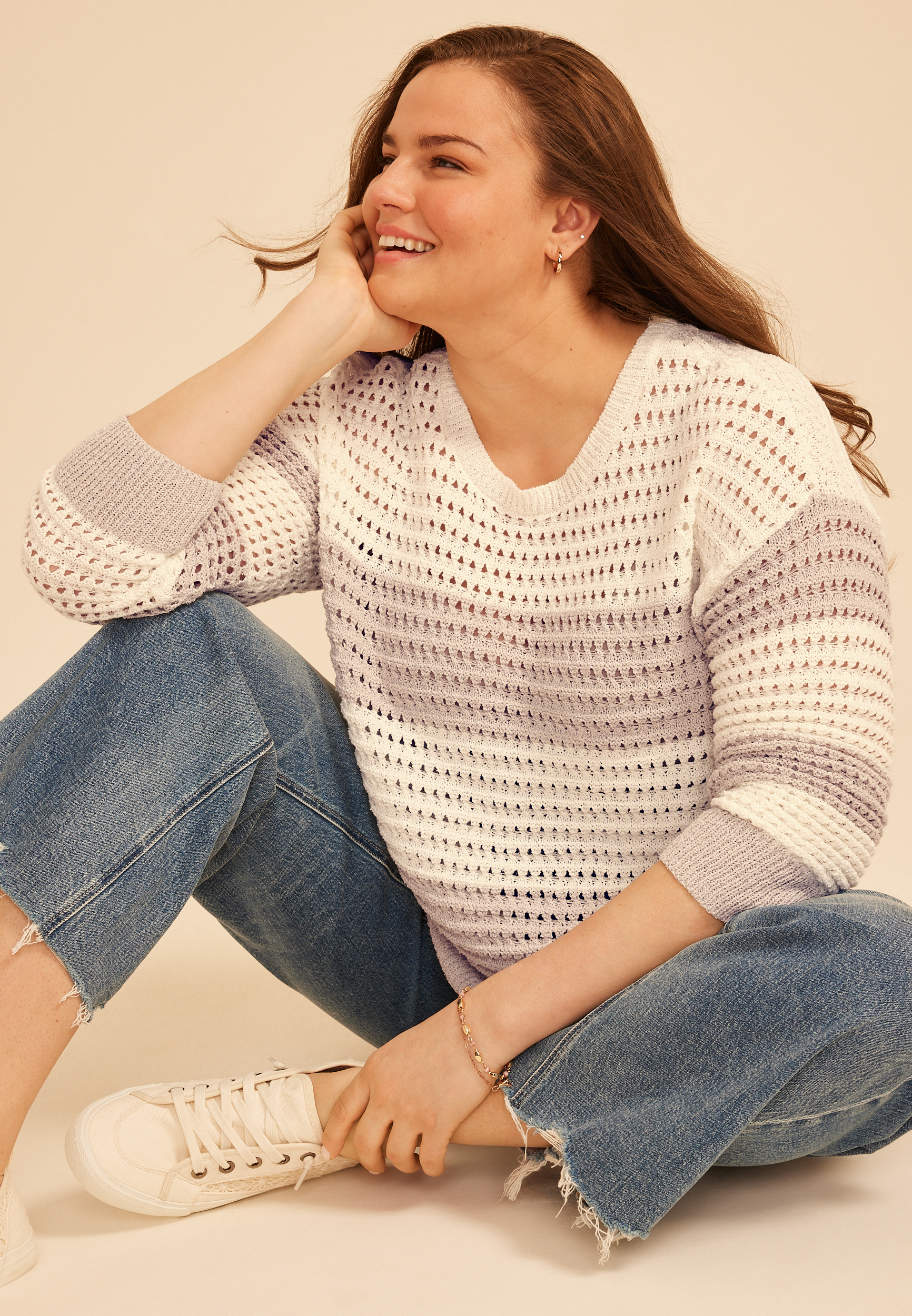 Plus Size Boucle Stripe Crew Neck Sweater, C1246, large