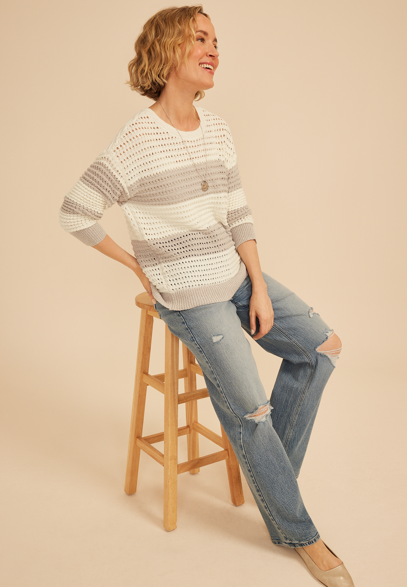 Boucle Stripe Crew Neck Sweater, C1246, large