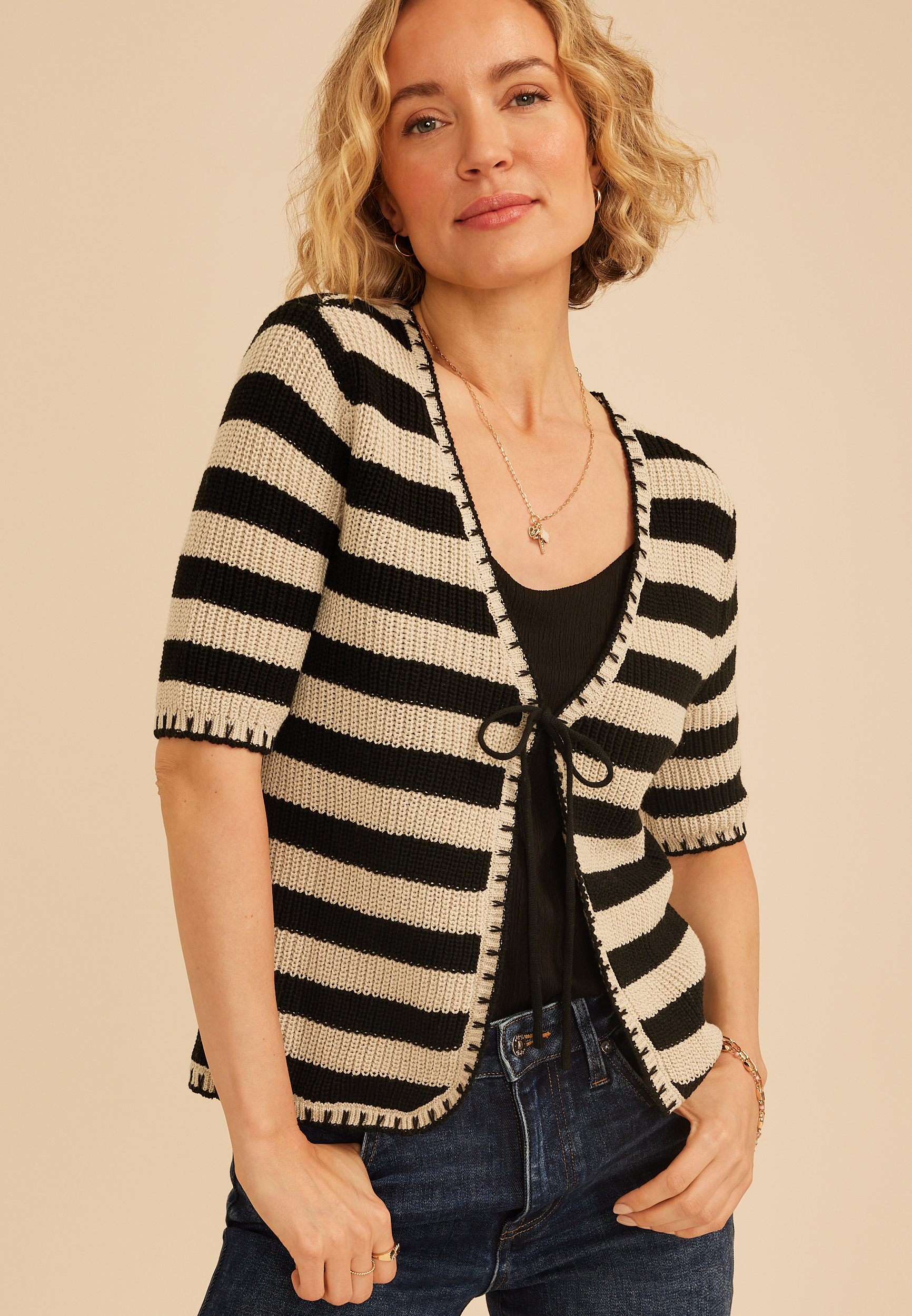 Stripe Tie Front Cardigan, C1246, large
