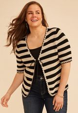 Plus Size Stripe Tie Front Cardigan, C1246, small