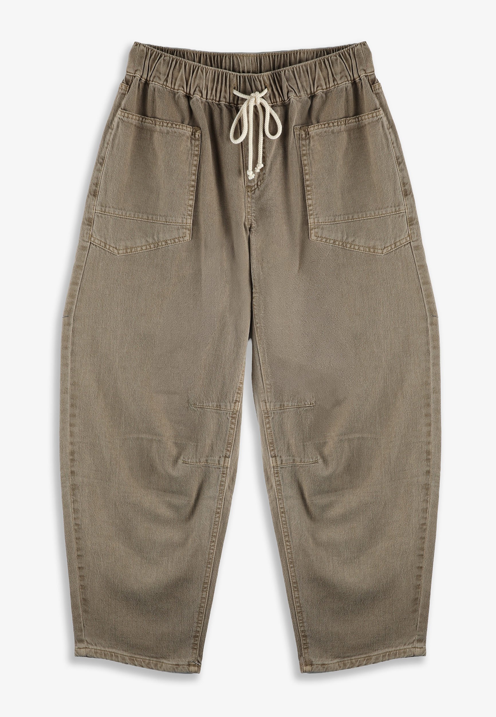 High Rise Tan Tie Waist Pull On Barrel Jean
