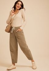 High Rise Tan Tie Waist Pull On Barrel Jean, C210, small