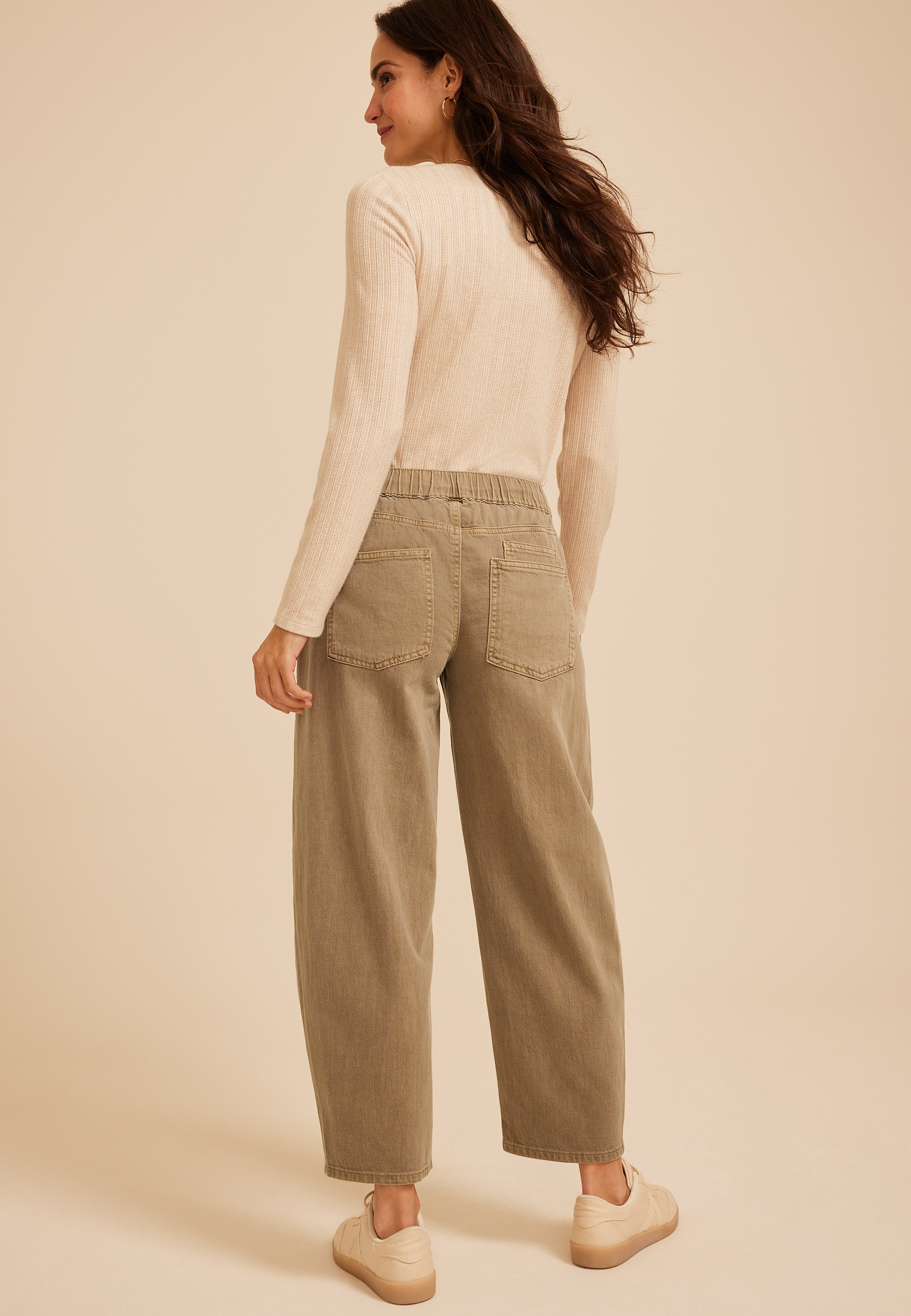High Rise Tan Tie Waist Pull On Barrel Jean, C210, large