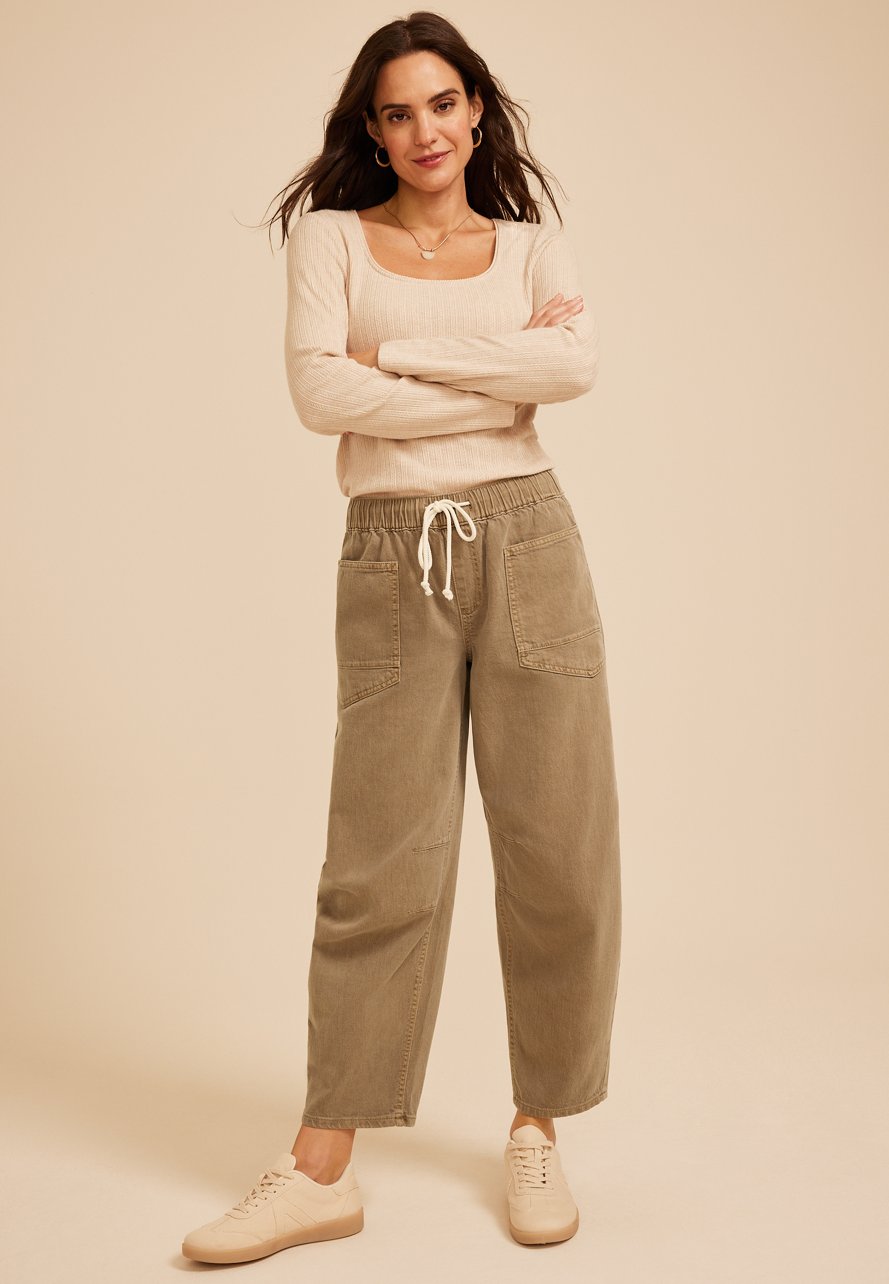 High Rise Tan Tie Waist Pull On Barrel Jean, C210, large