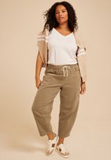 Plus Size High Rise Tan Tie Waist Pull On Barrel Jean, C210, small