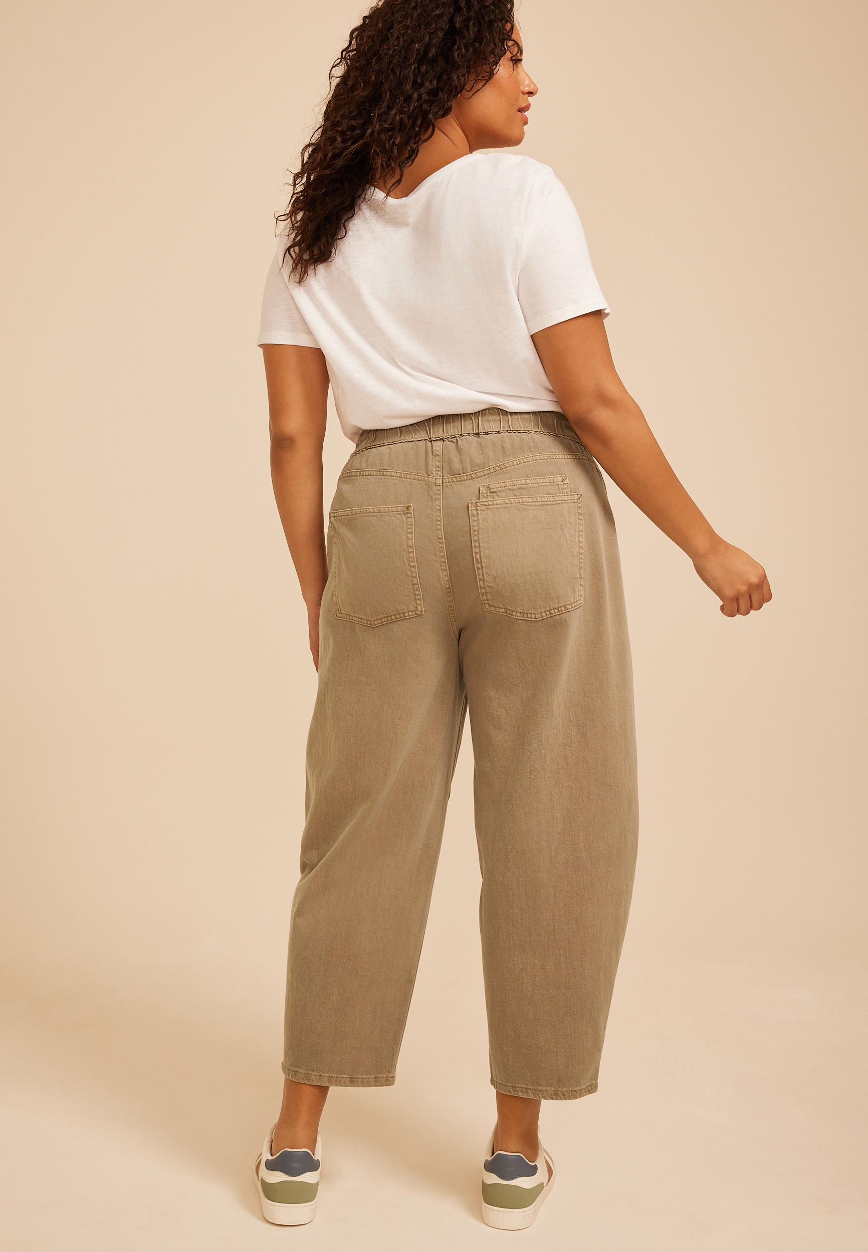 Plus Size High Rise Tan Tie Waist Pull On Barrel Jean, C210, large