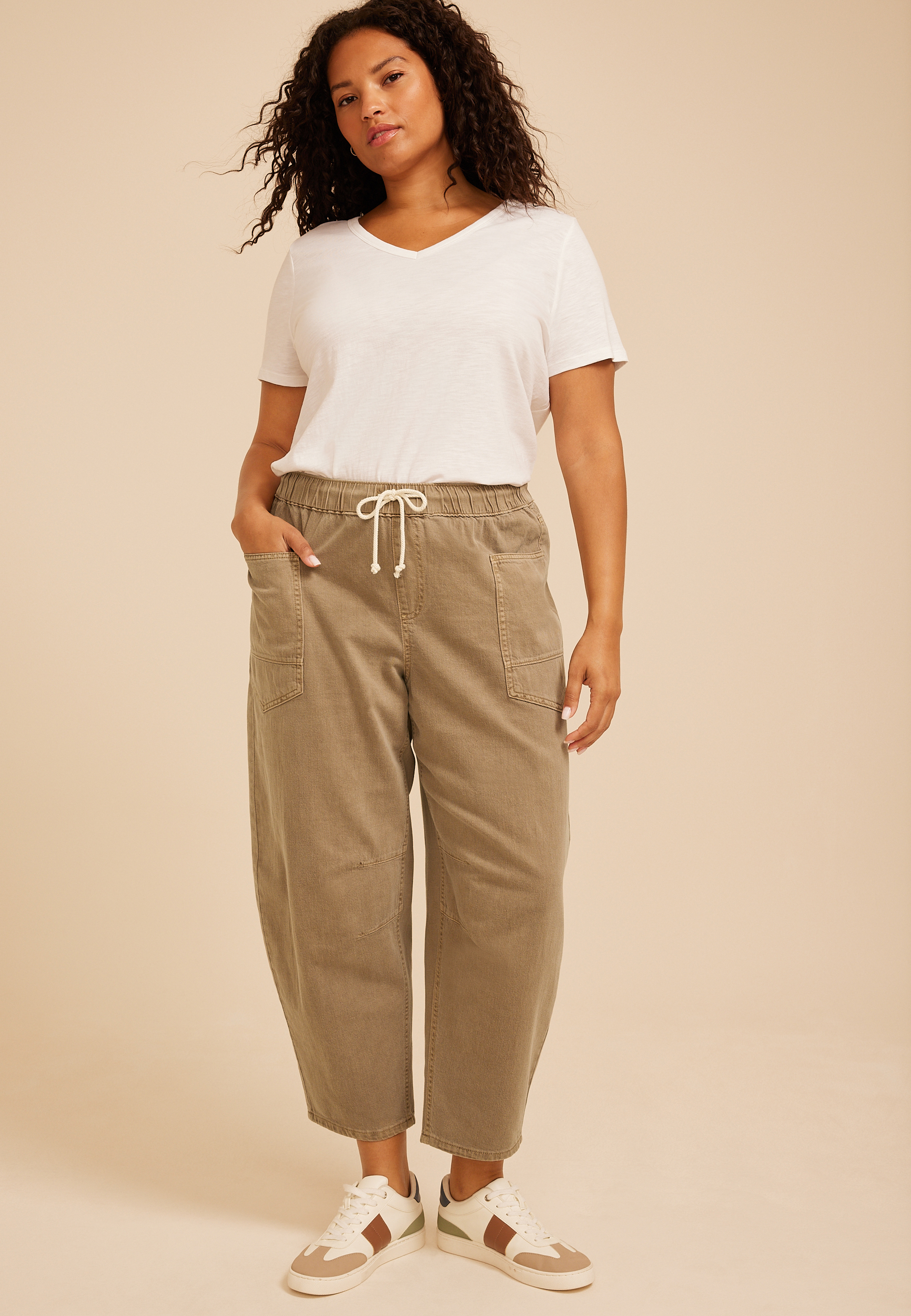Plus Size High Rise Tan Tie Waist Pull On Barrel Jean, C210, large