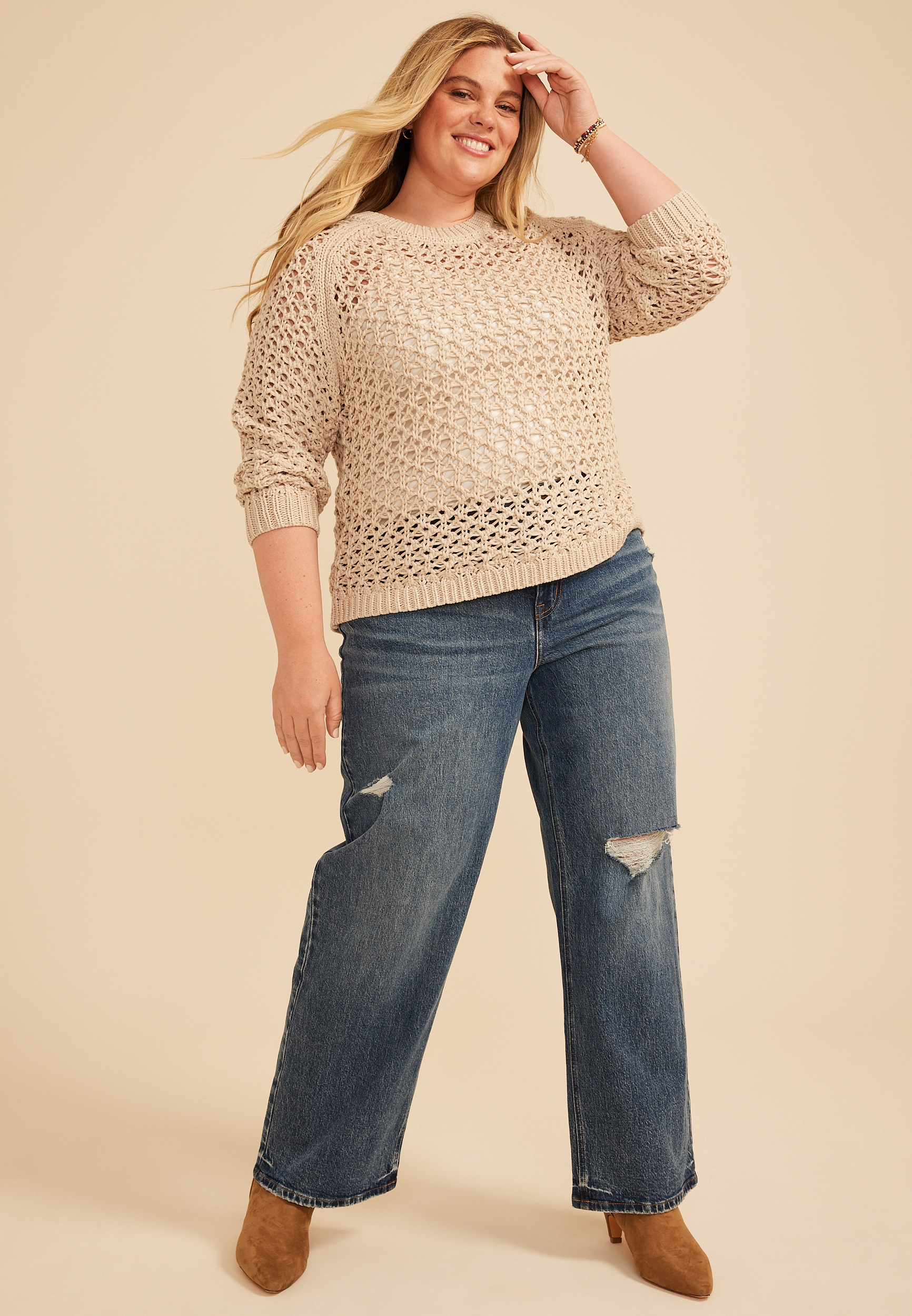 Plus Size Chunky Open Stitch Pointelle Sweater