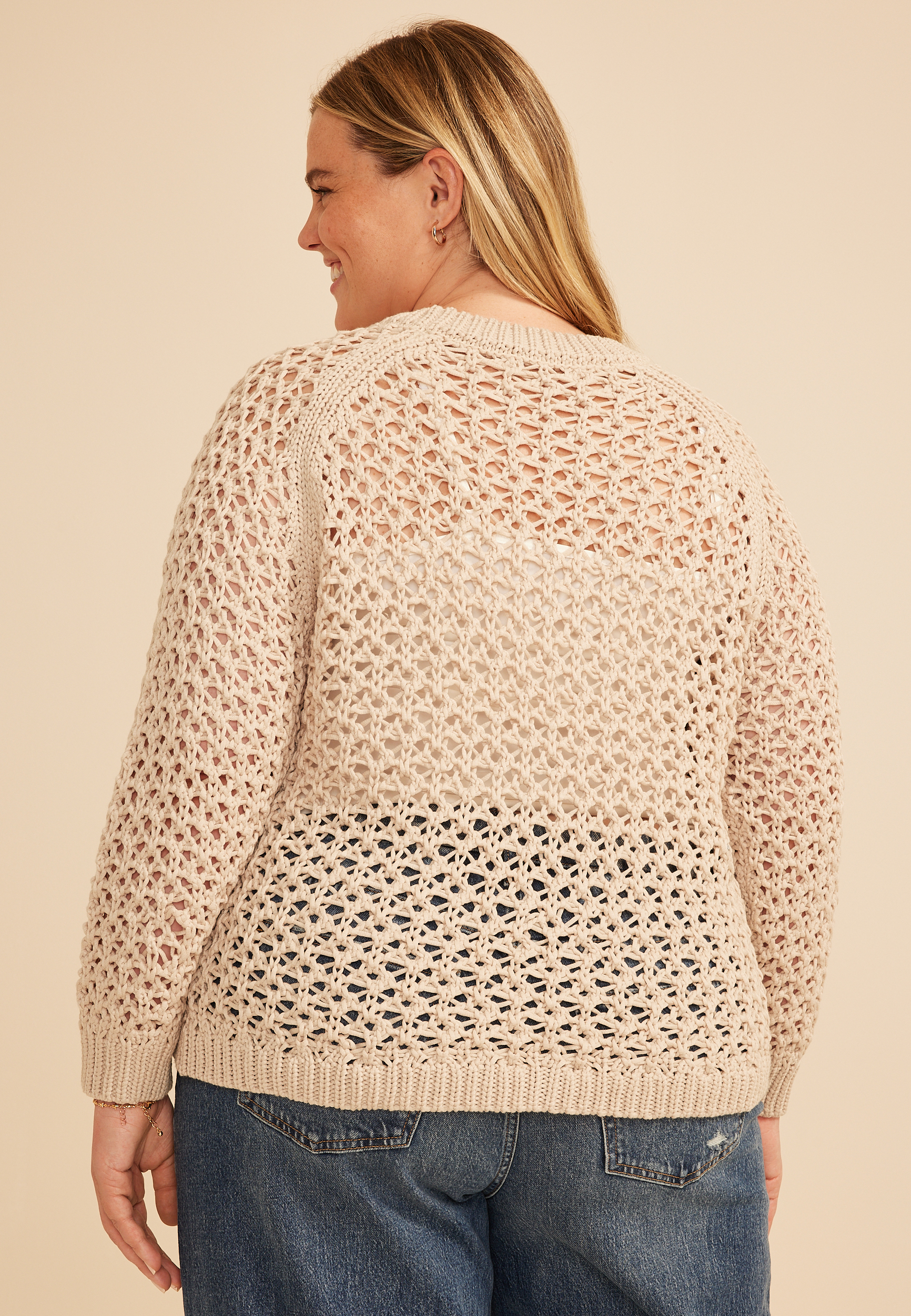 Plus Size Chunky Open Stitch Pointelle Sweater, C2972, large