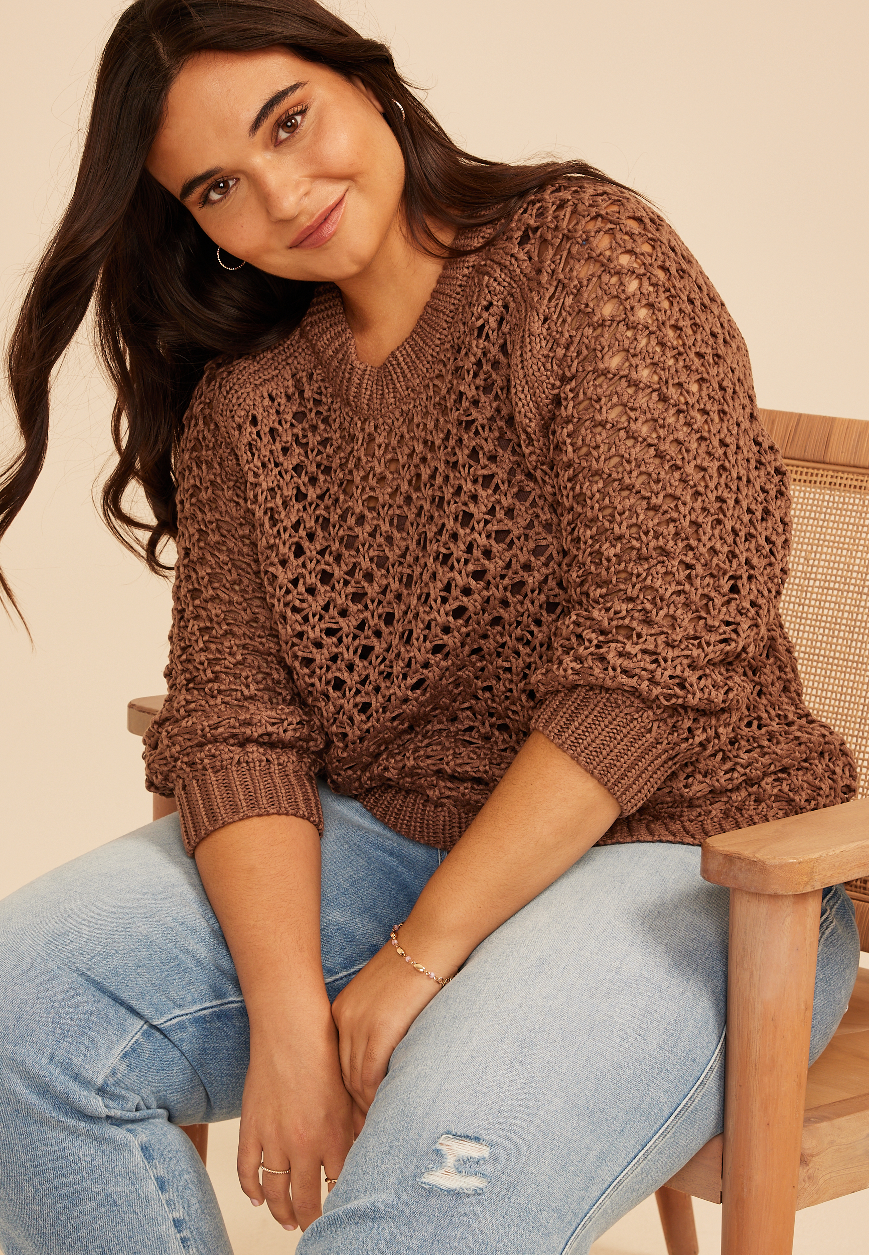 Plus Size Chunky Open Stitch Pointelle Sweater