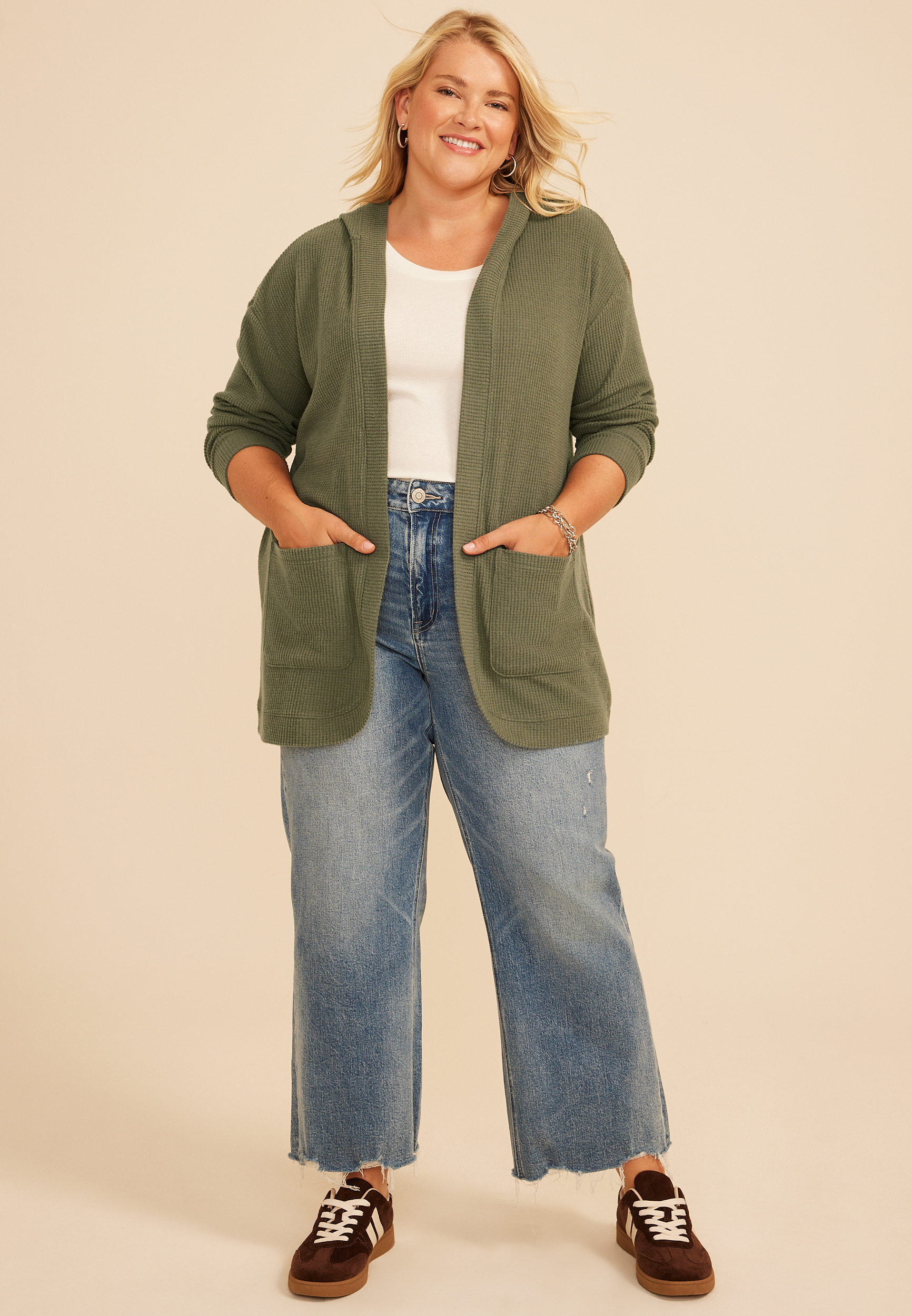 Plus Size Brushed Waffle Hooded Cardigan, C3142, large