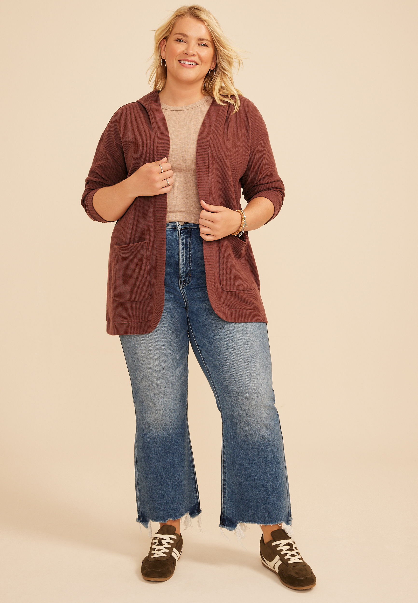 Plus Size Brushed Waffle Hooded Cardigan