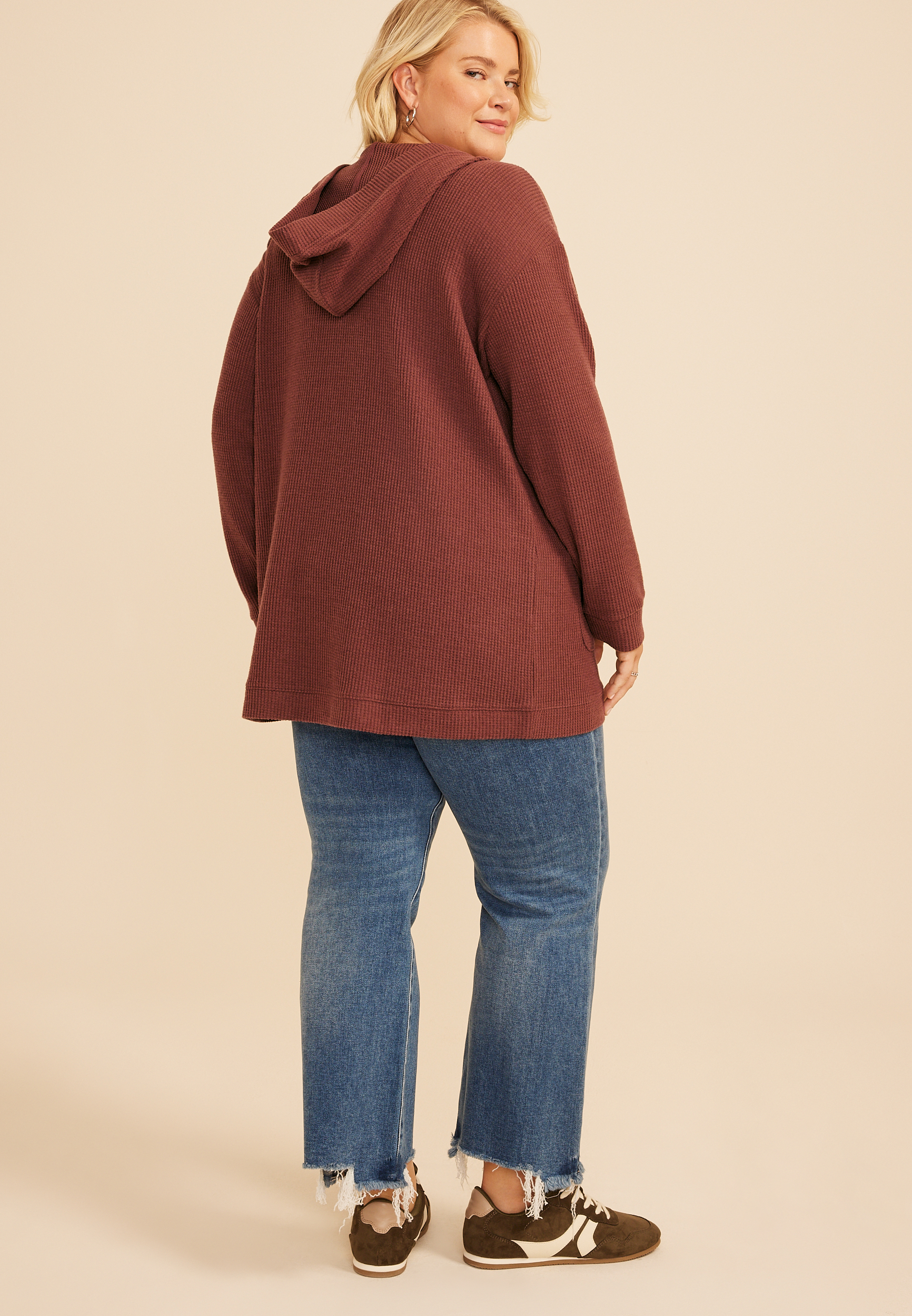 Plus Brushed Waffle Hooded Cardigan