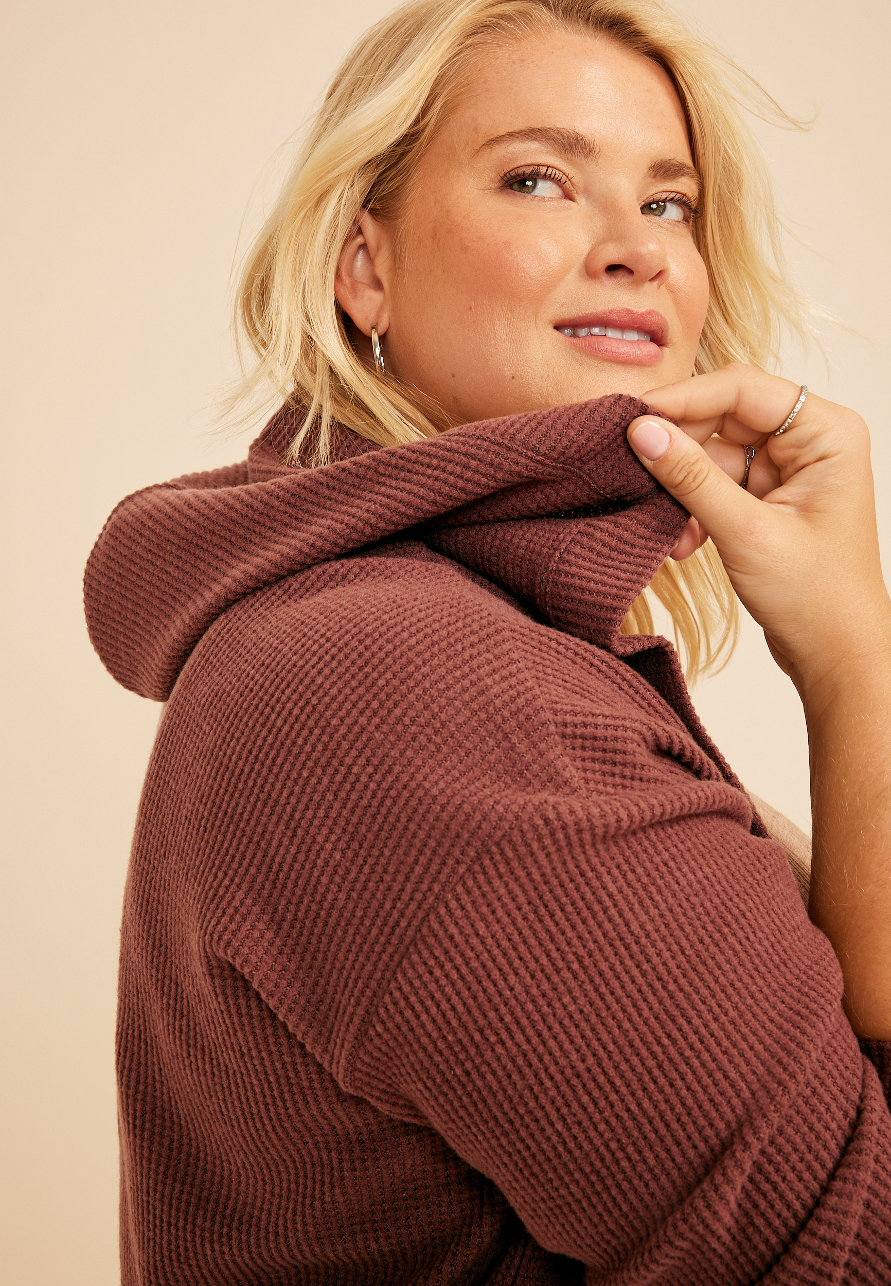 Plus Brushed Waffle Hooded Cardigan
