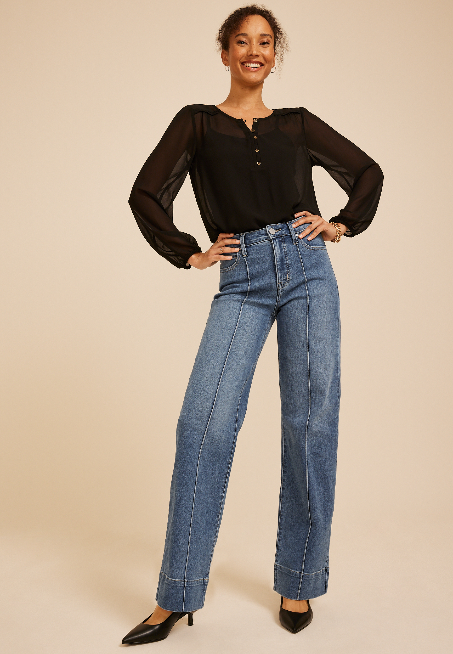 Everflex&trade; High Rise Pintuck Wide Leg Jean