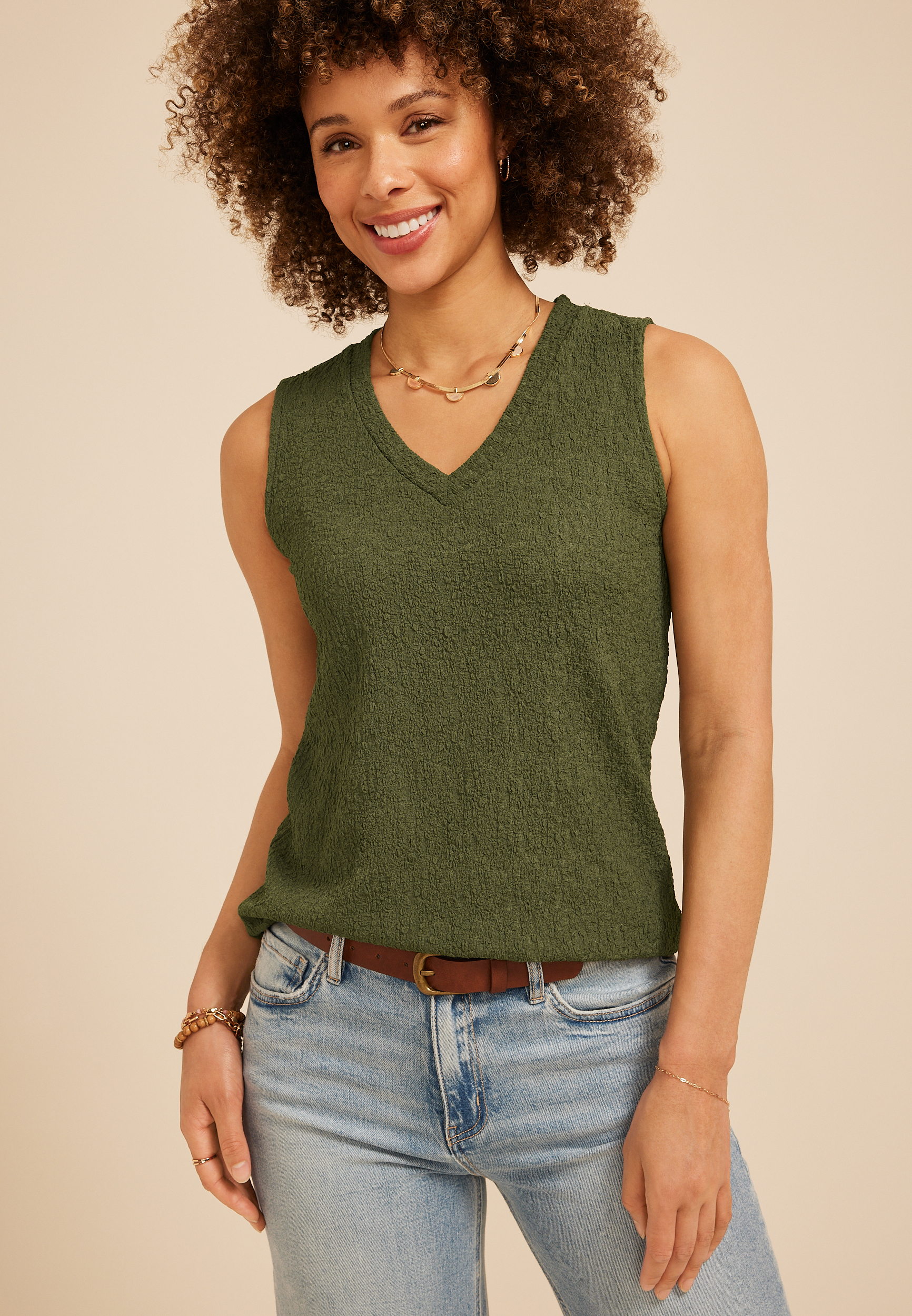 Textured V Neck Tank Top