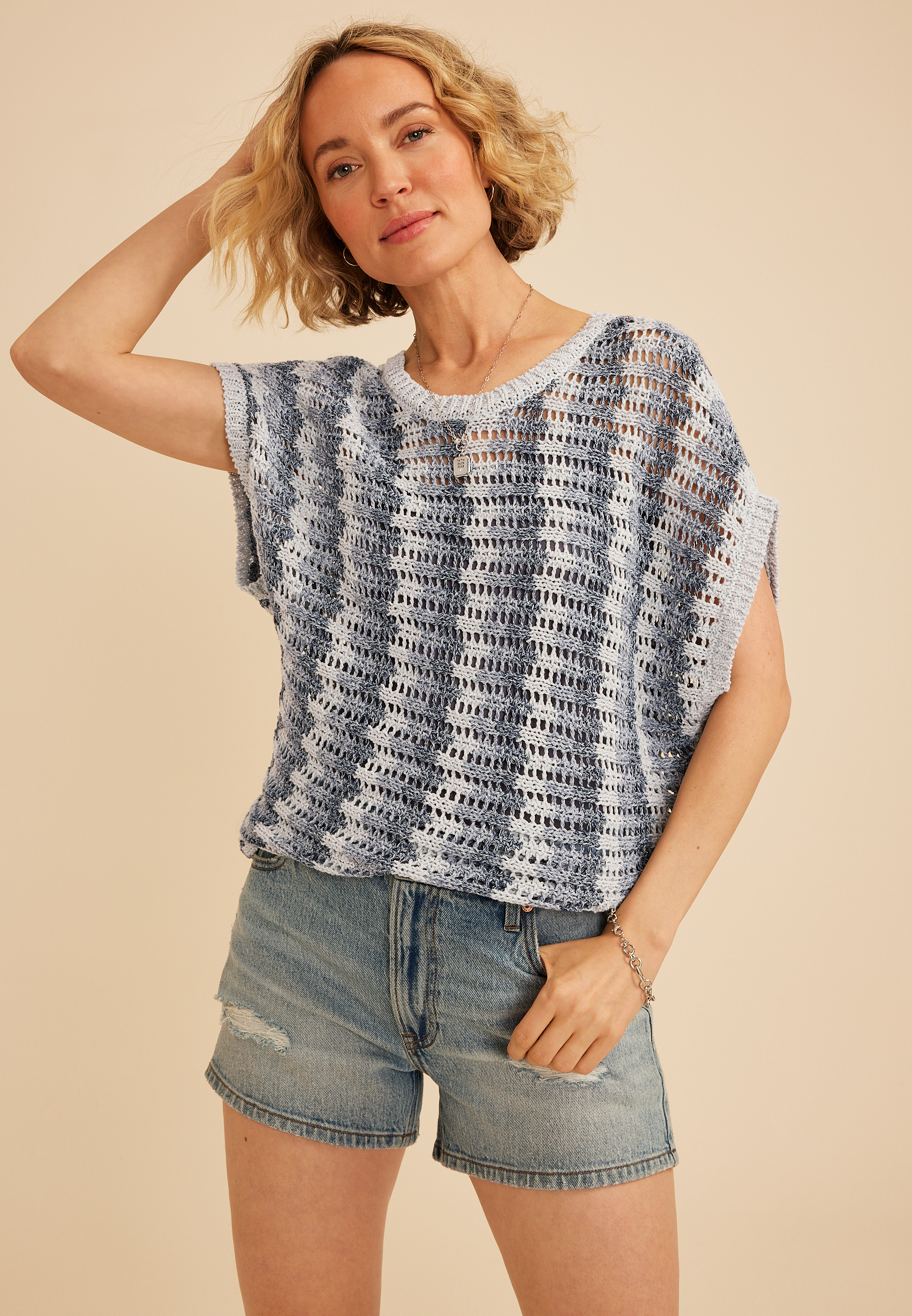 Wave Stripe Pointelle Dolman Top, C1772, large