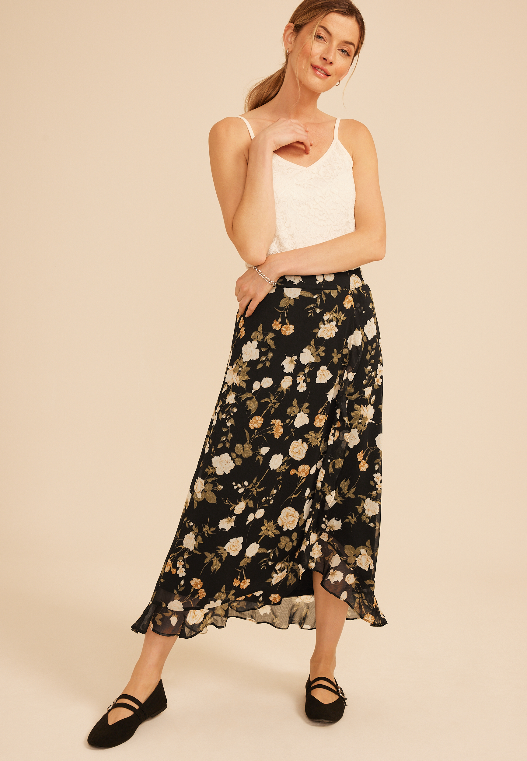 High Rise Floral Faux Wrap Maxi Skirt, C1756, large