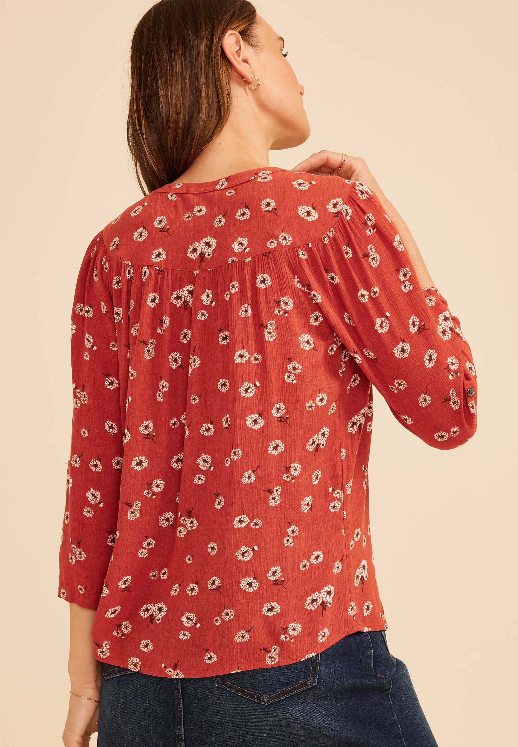 Floral Button Front 3/4 Sleeve Blouse, C1570, large