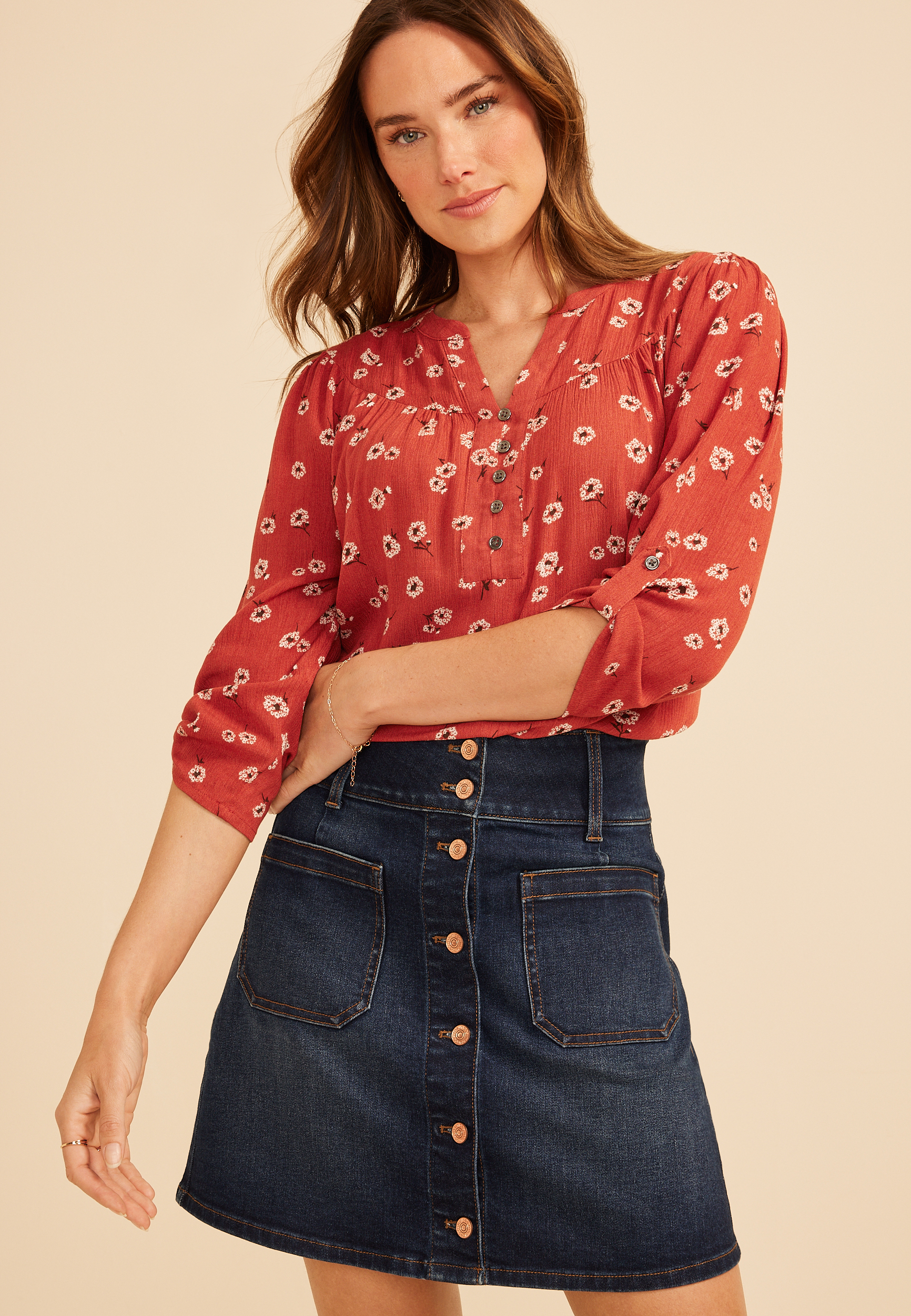 Floral Button Front 3/4 Sleeve Blouse, C1570, large