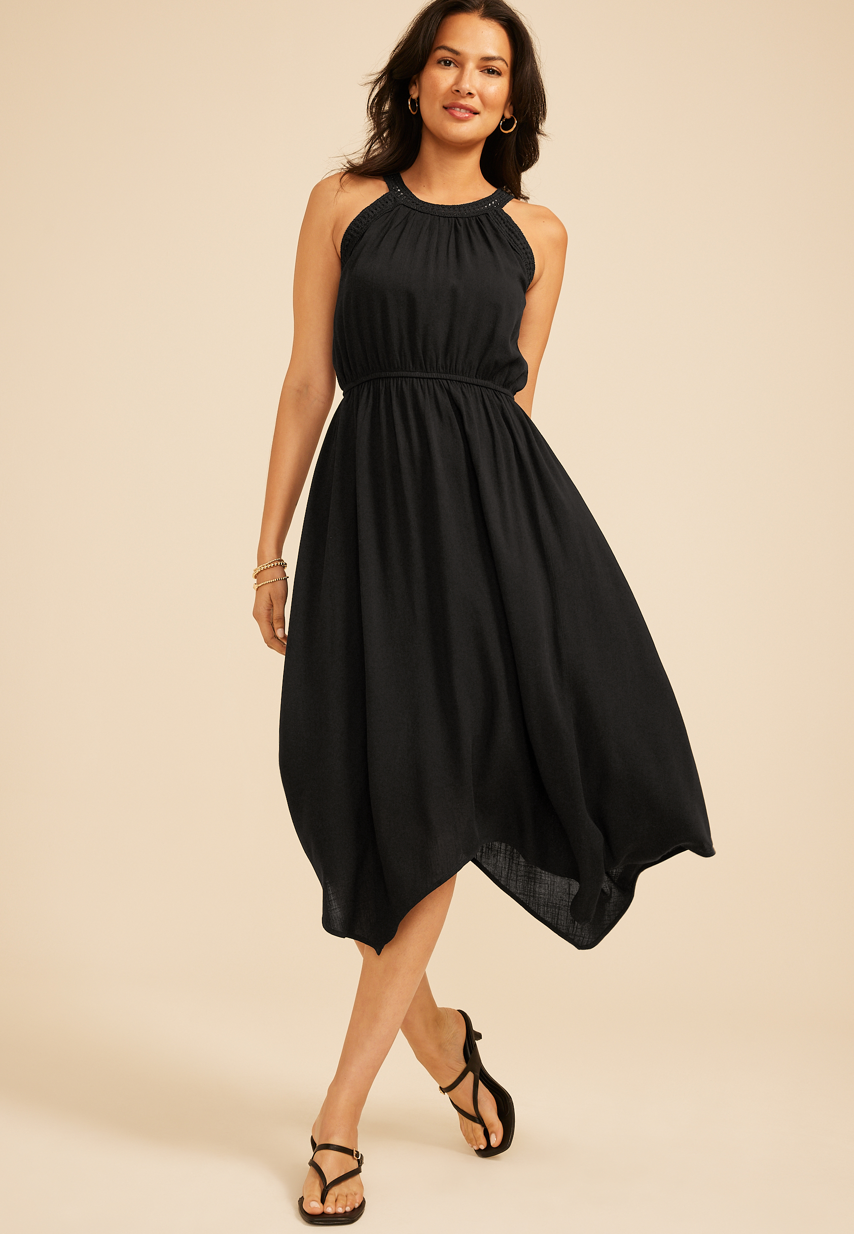 Halter Ladder Trim Shark Bite Midi Dress