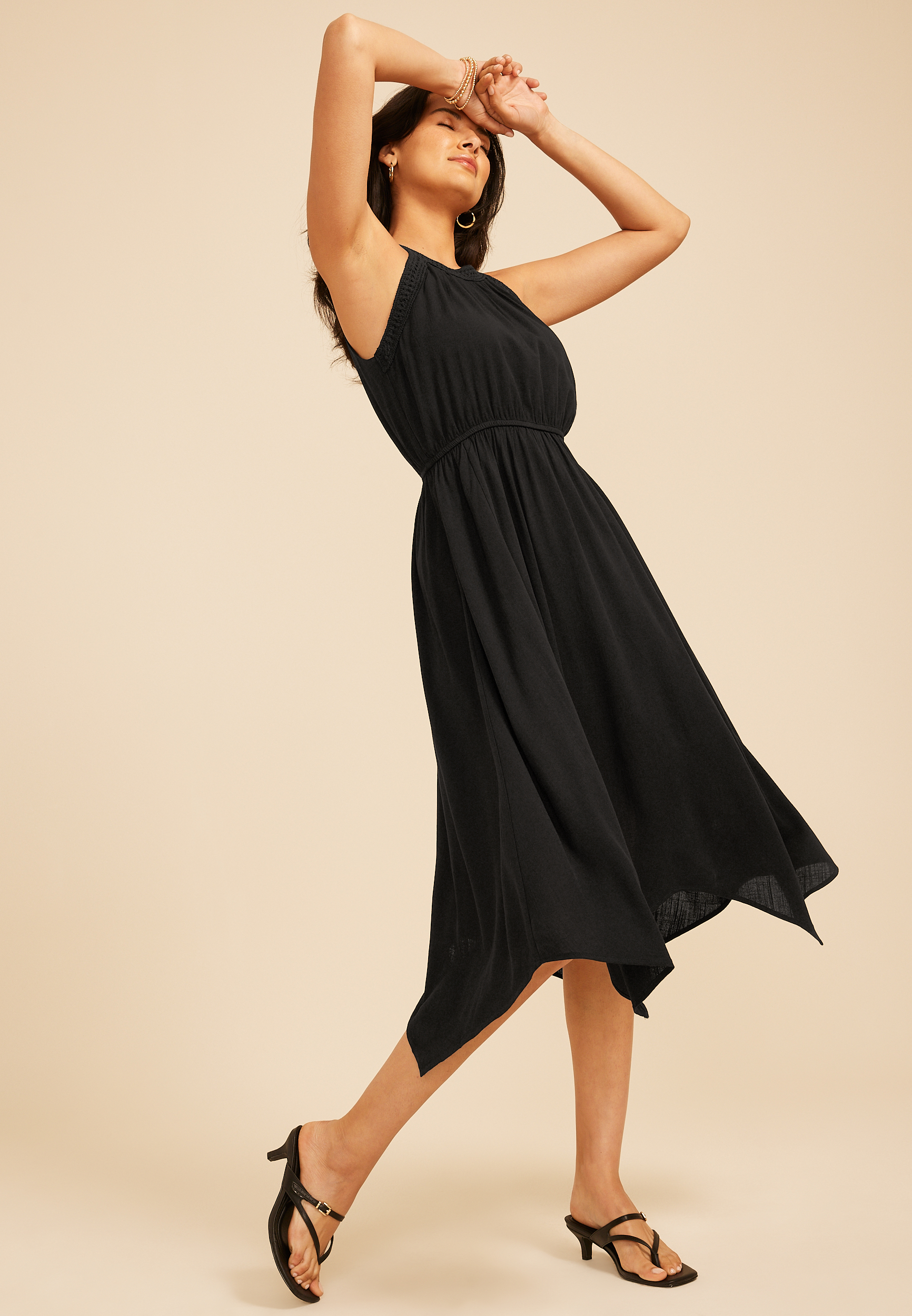 Halter Ladder Trim Shark Bite Midi Dress, C106, large