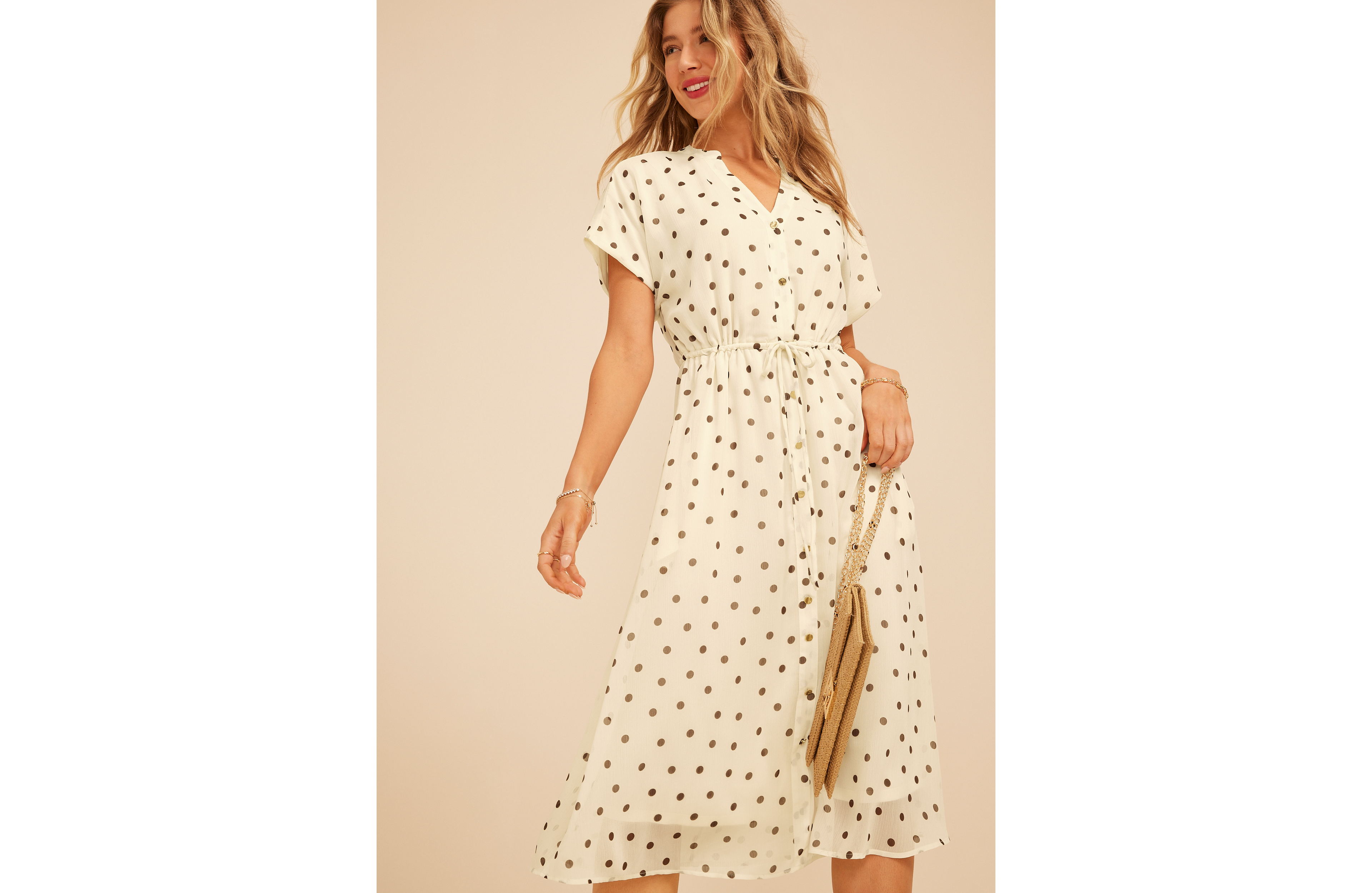 Polka Dot Tie Waist Midi Dress