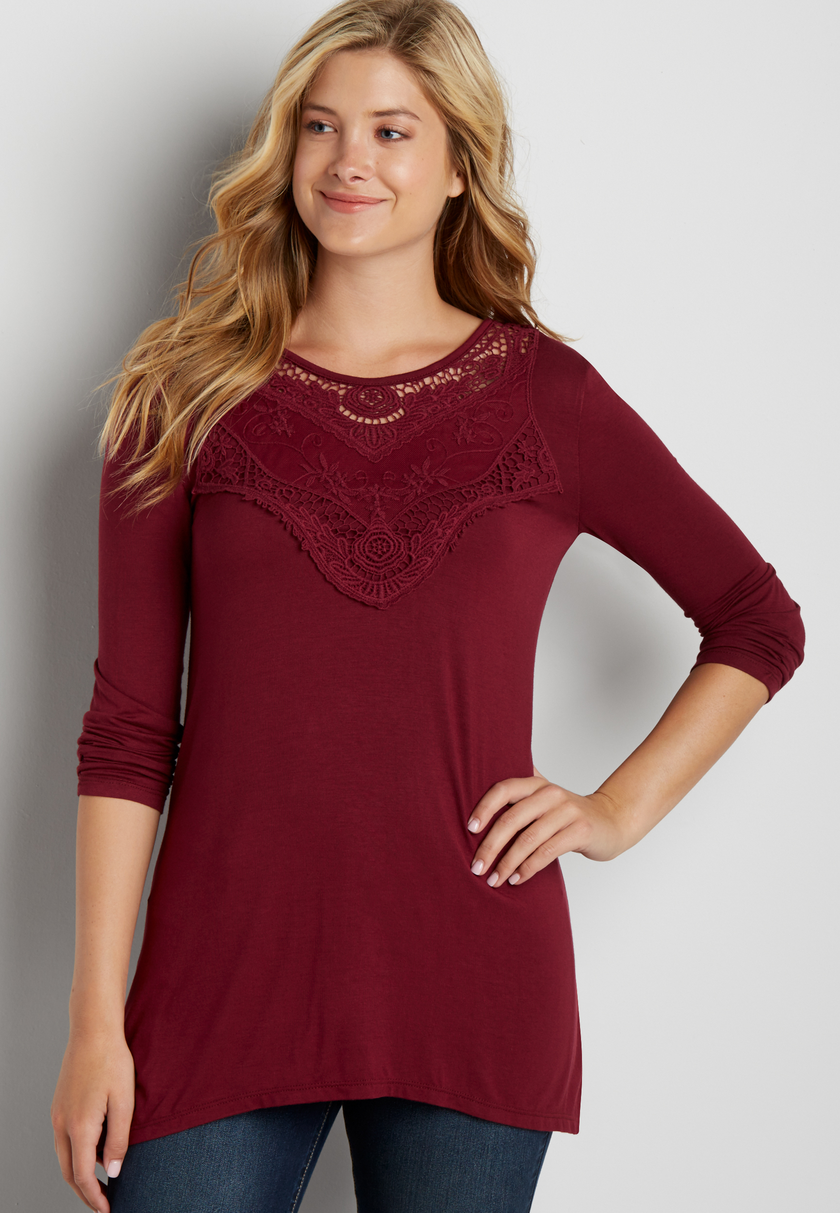 shark bite tee with crocheted yoke | maurices