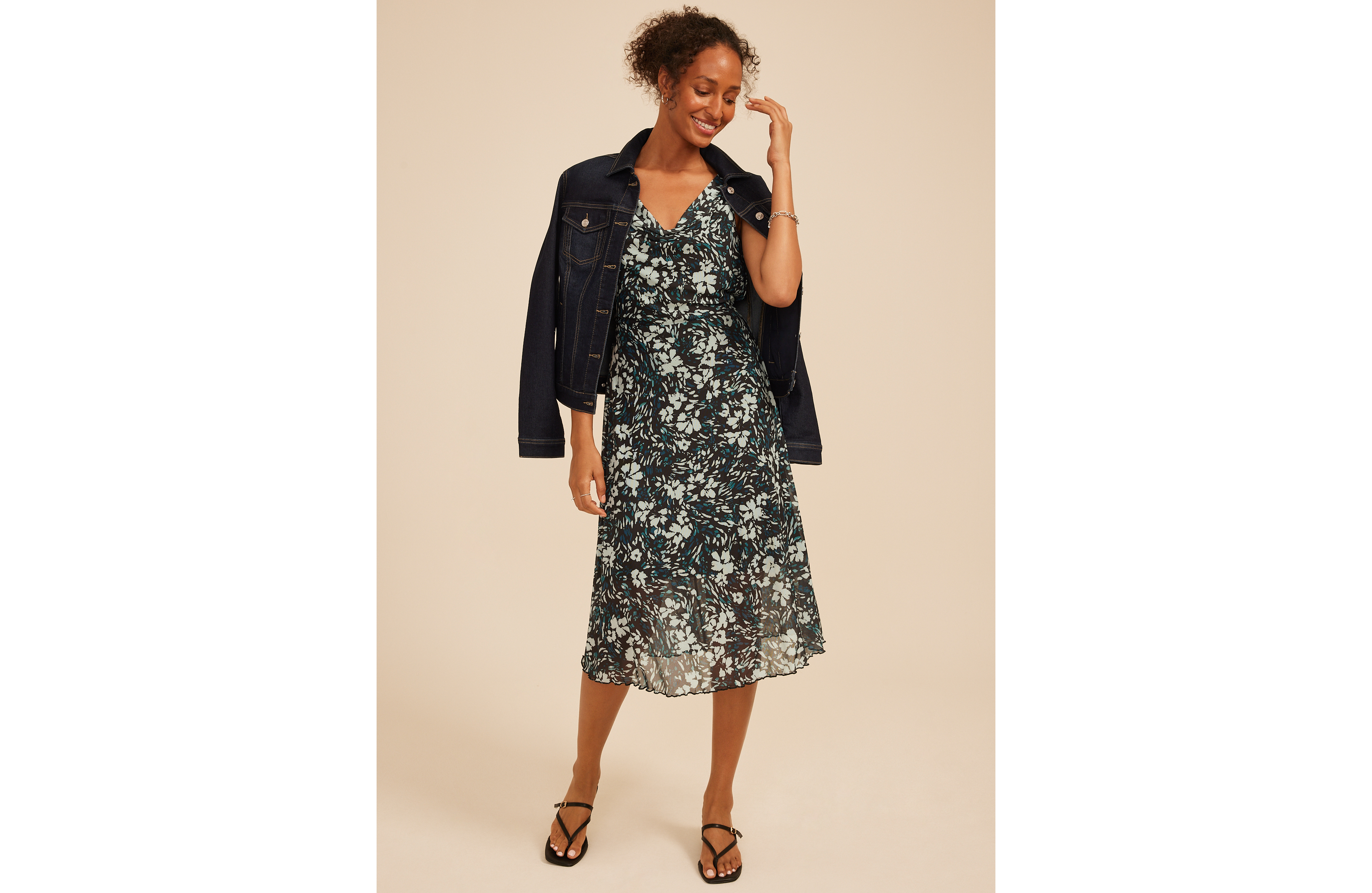 Bare Printed Mesh Cowl Neck Midi Dress