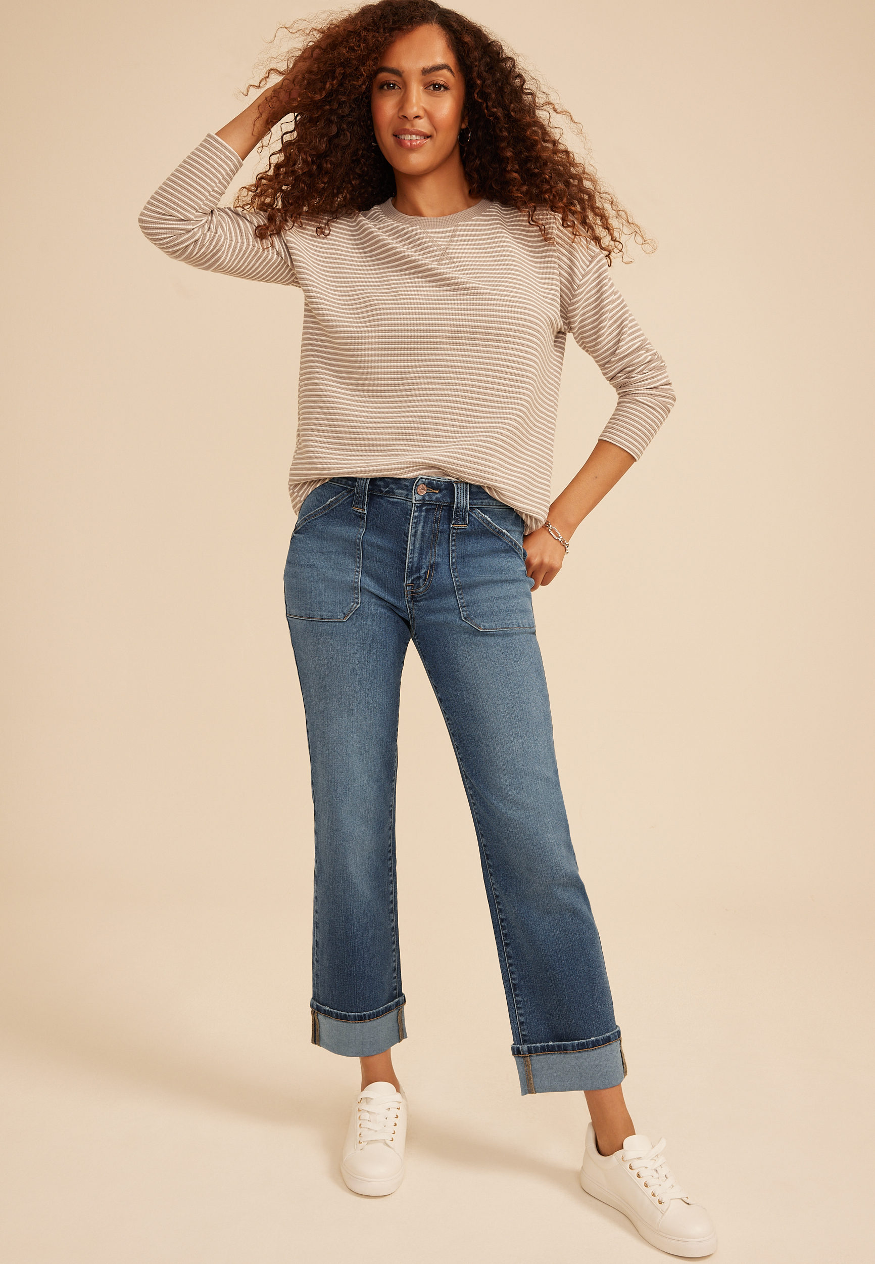 m jeans by maurices&trade; High Rise Pork Chop Pocket Relaxed Straight Ankle Jean, C3337, large