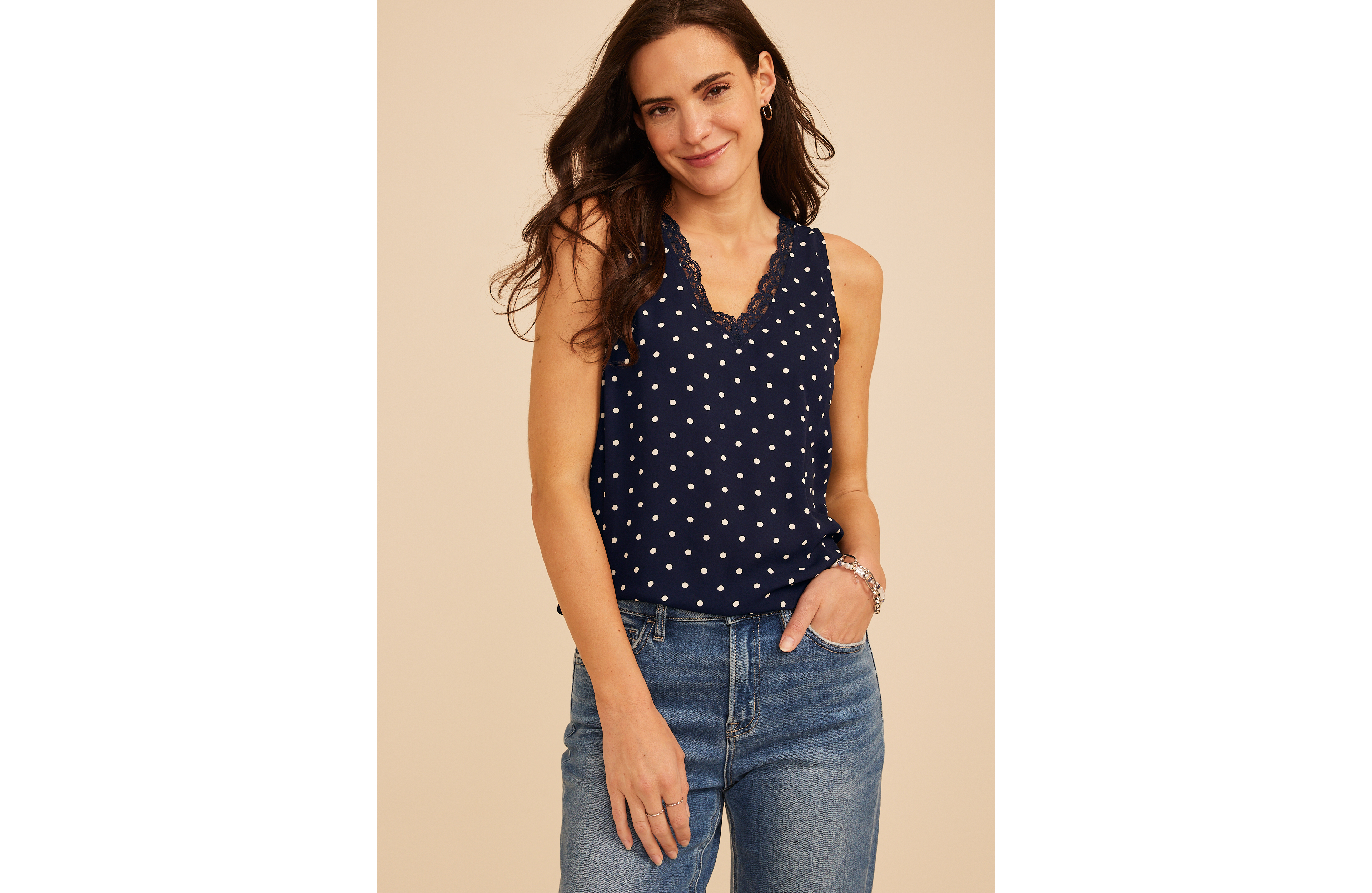 Navy Polka Dot Lace Trim Tank Top