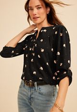 Printed Button Front 3/4 Sleeve Blouse, C1756, small