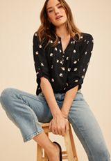 Printed Button Front 3/4 Sleeve Blouse, C1756, small