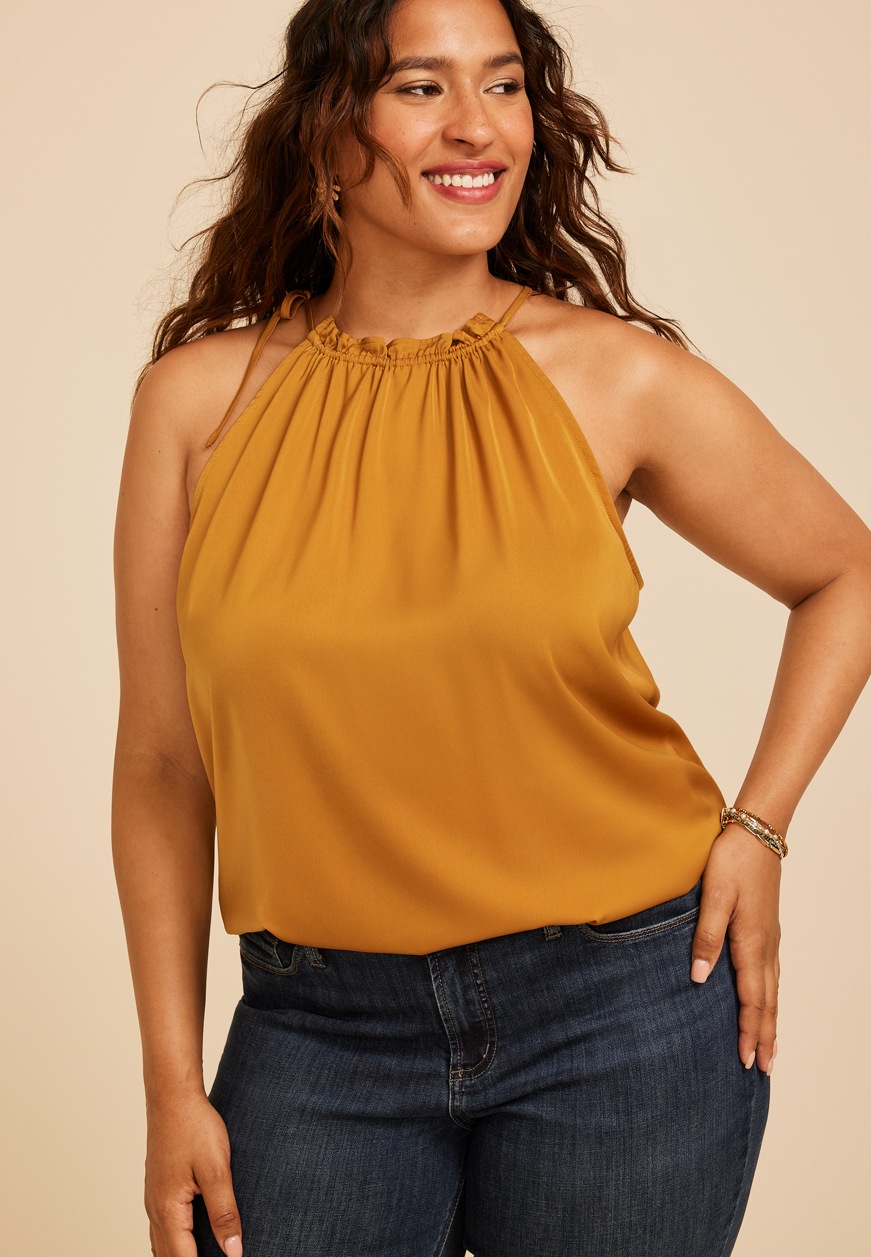 Plus Size Shoulder Tie Halter Tank Top