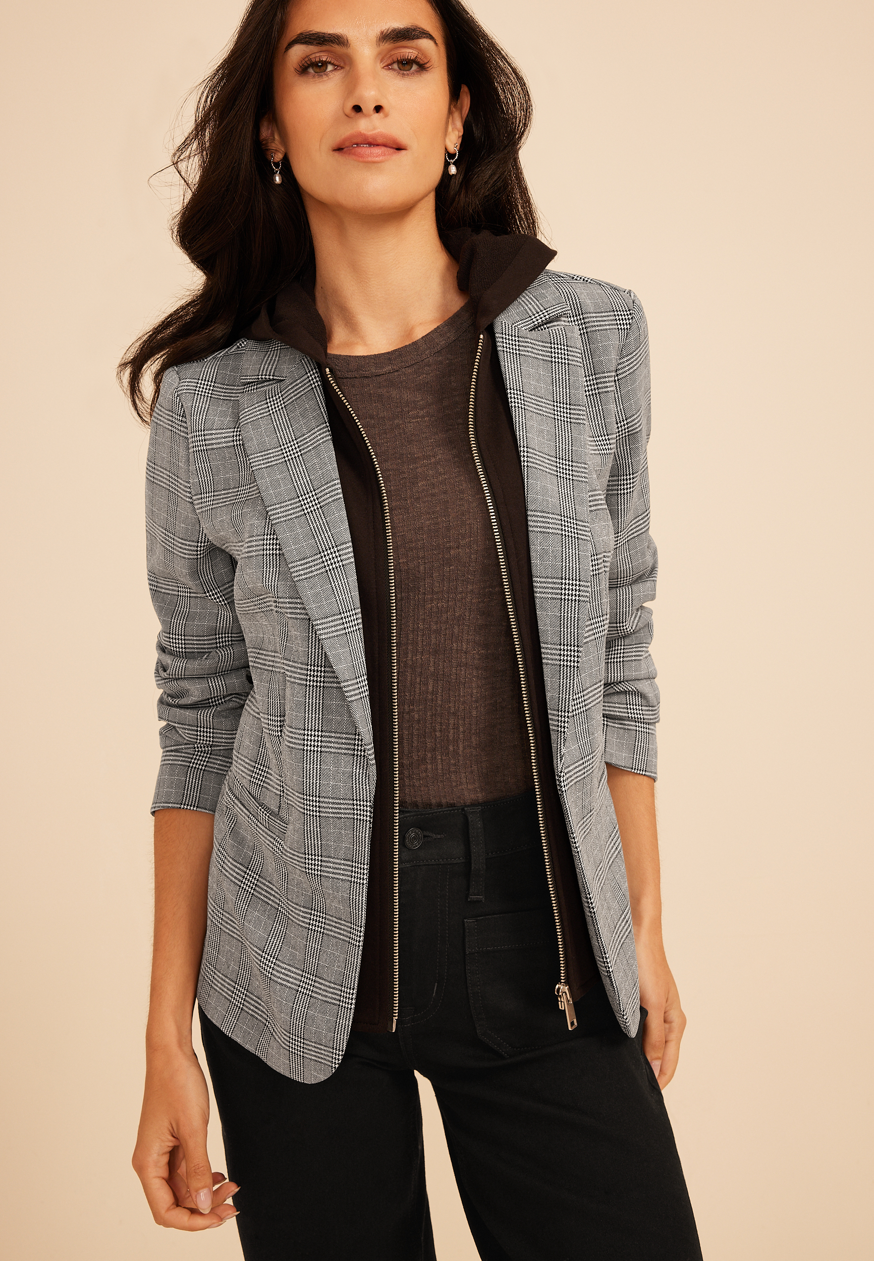 Plaid Hooded Twofer Blazer