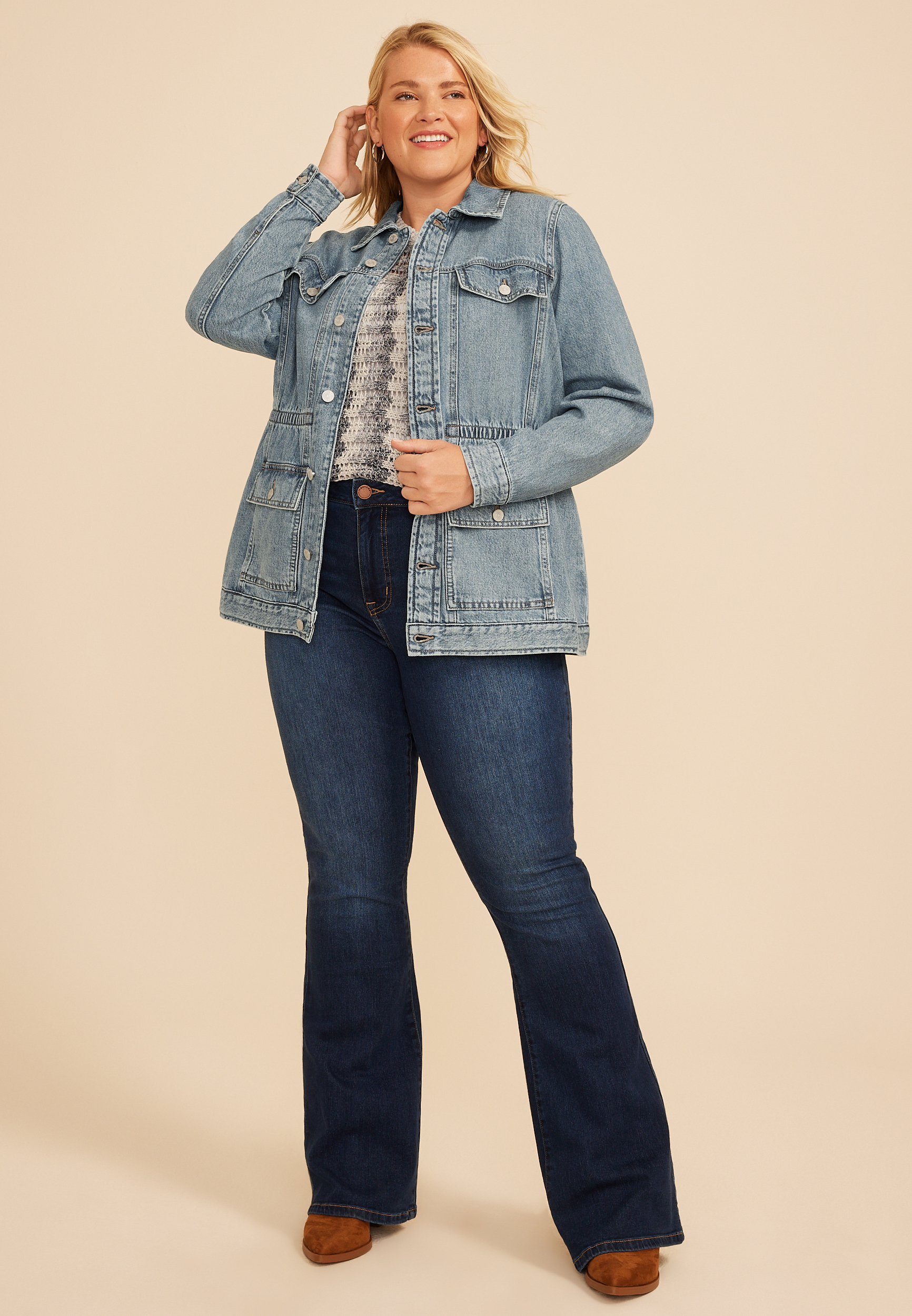 Plus Size Cinch Waist Denim Jacket, C3337, large