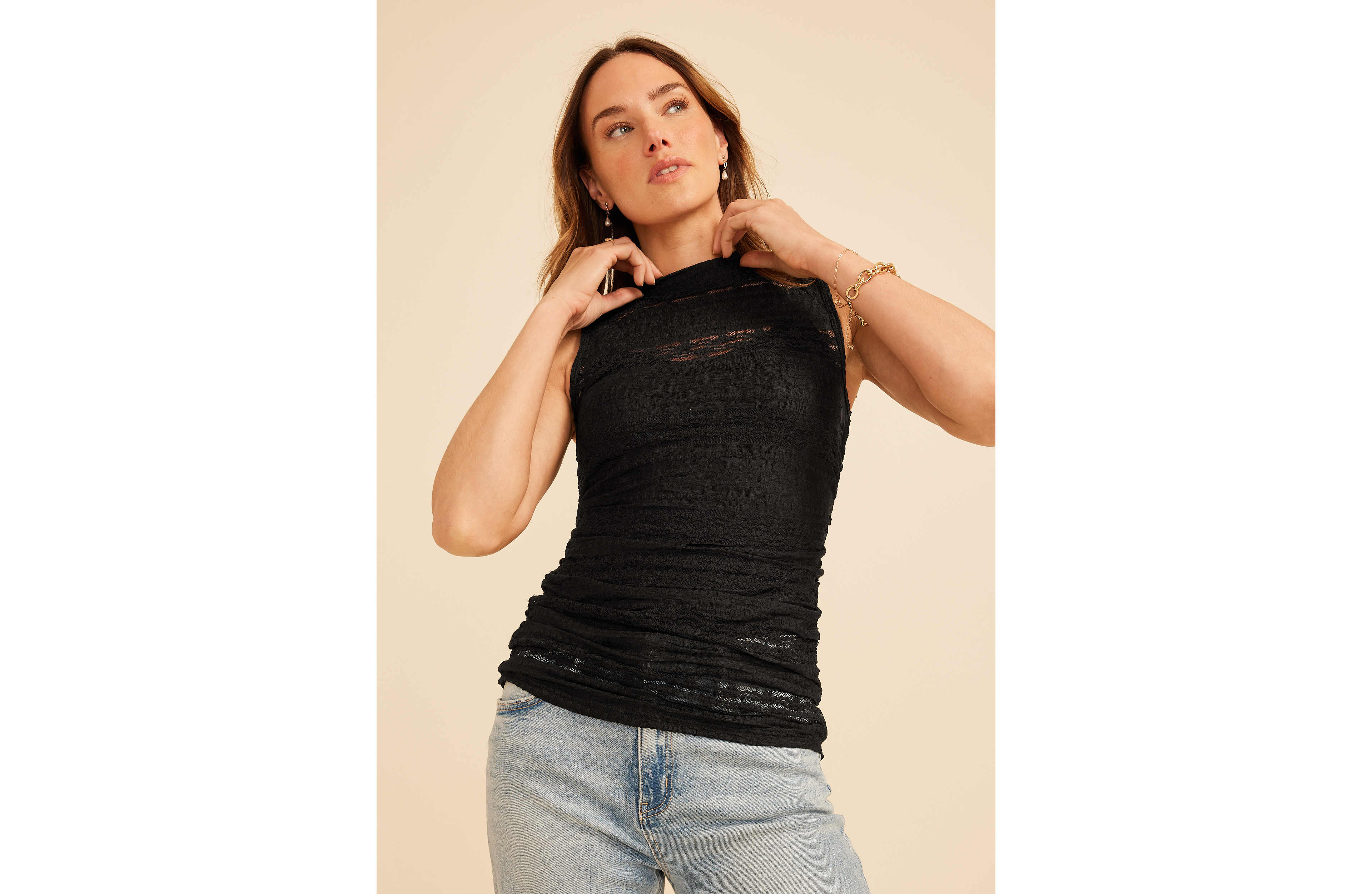 Sheer Lace Mock Neck Tank Top